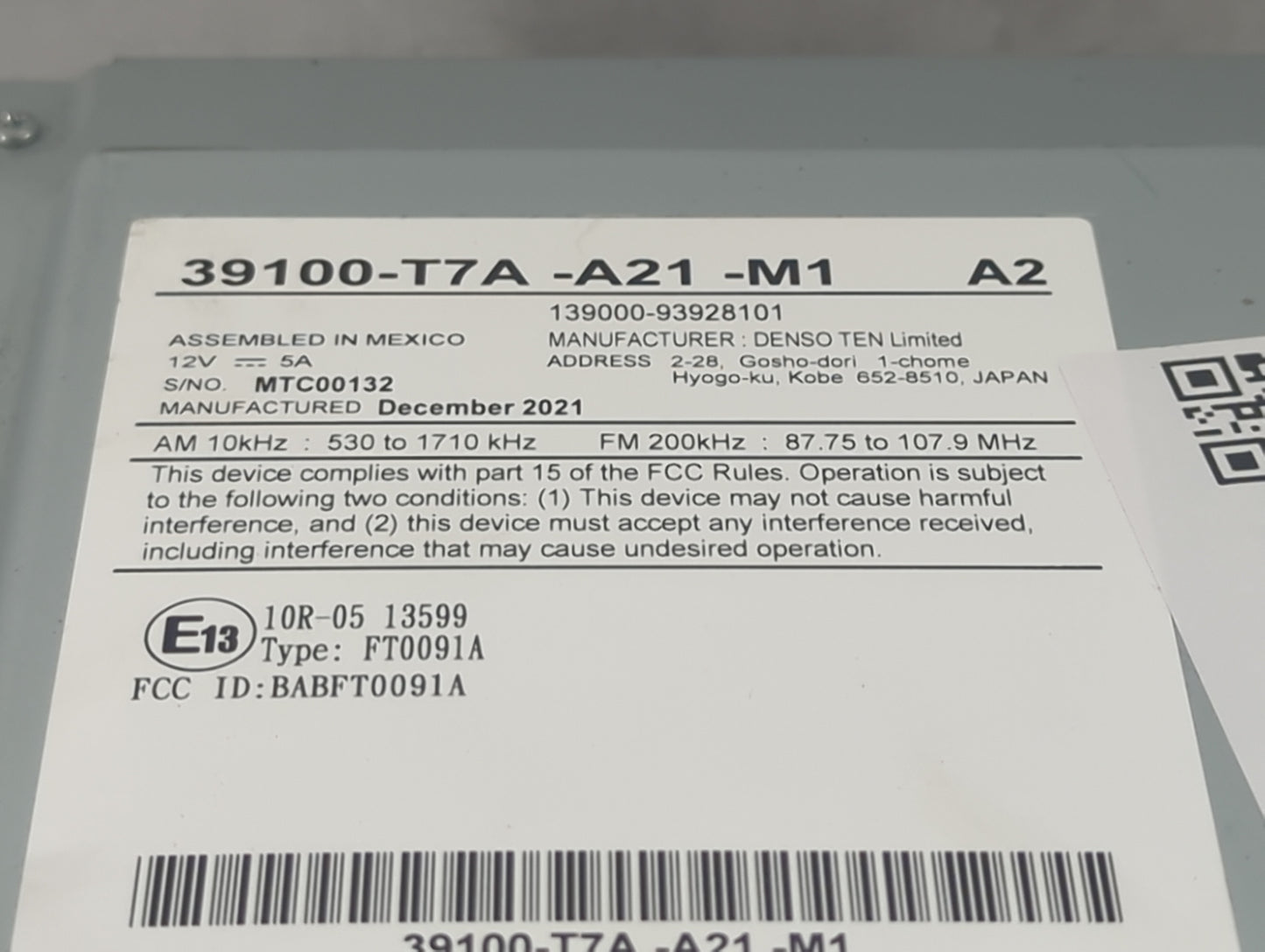 2019-2022 Honda Hr-V Radio AM FM Cd Player Receiver Replacement P/N:39100-T7A-A21-M1 139000-93928101 Fits Fits 2019 2020 202