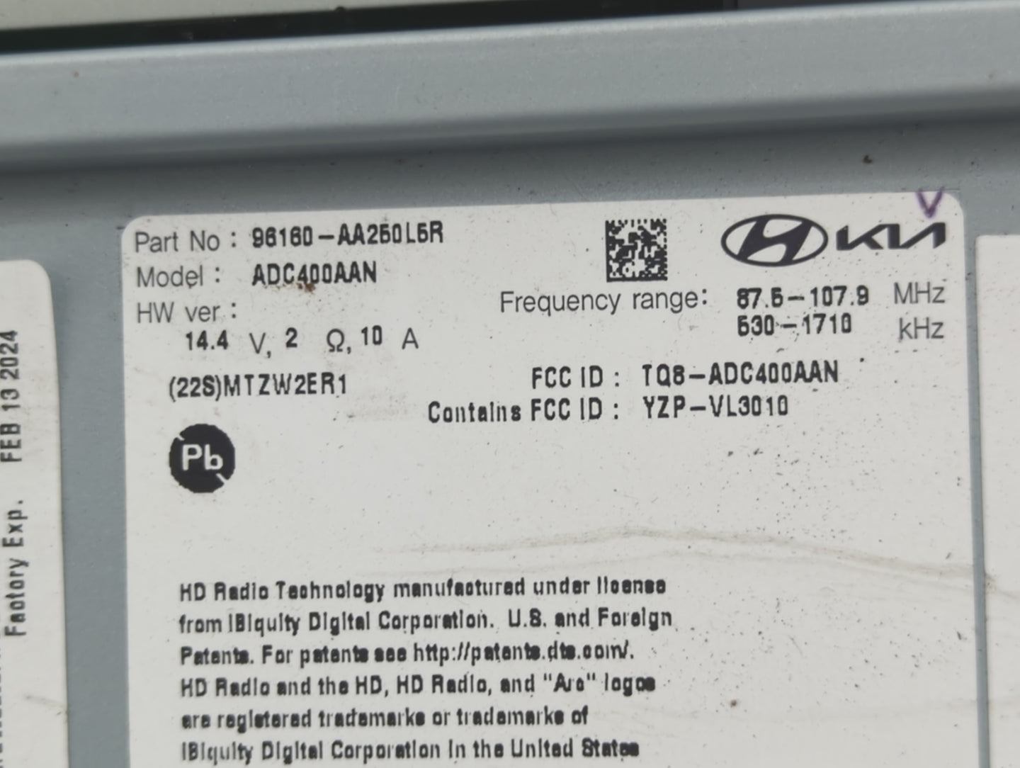 2021-2022 Hyundai Elantra Radio AM FM Cd Player Receiver Replacement P/N:96160-AA250L5R Fits Fits 2021 2022 OEM Used Auto Pa