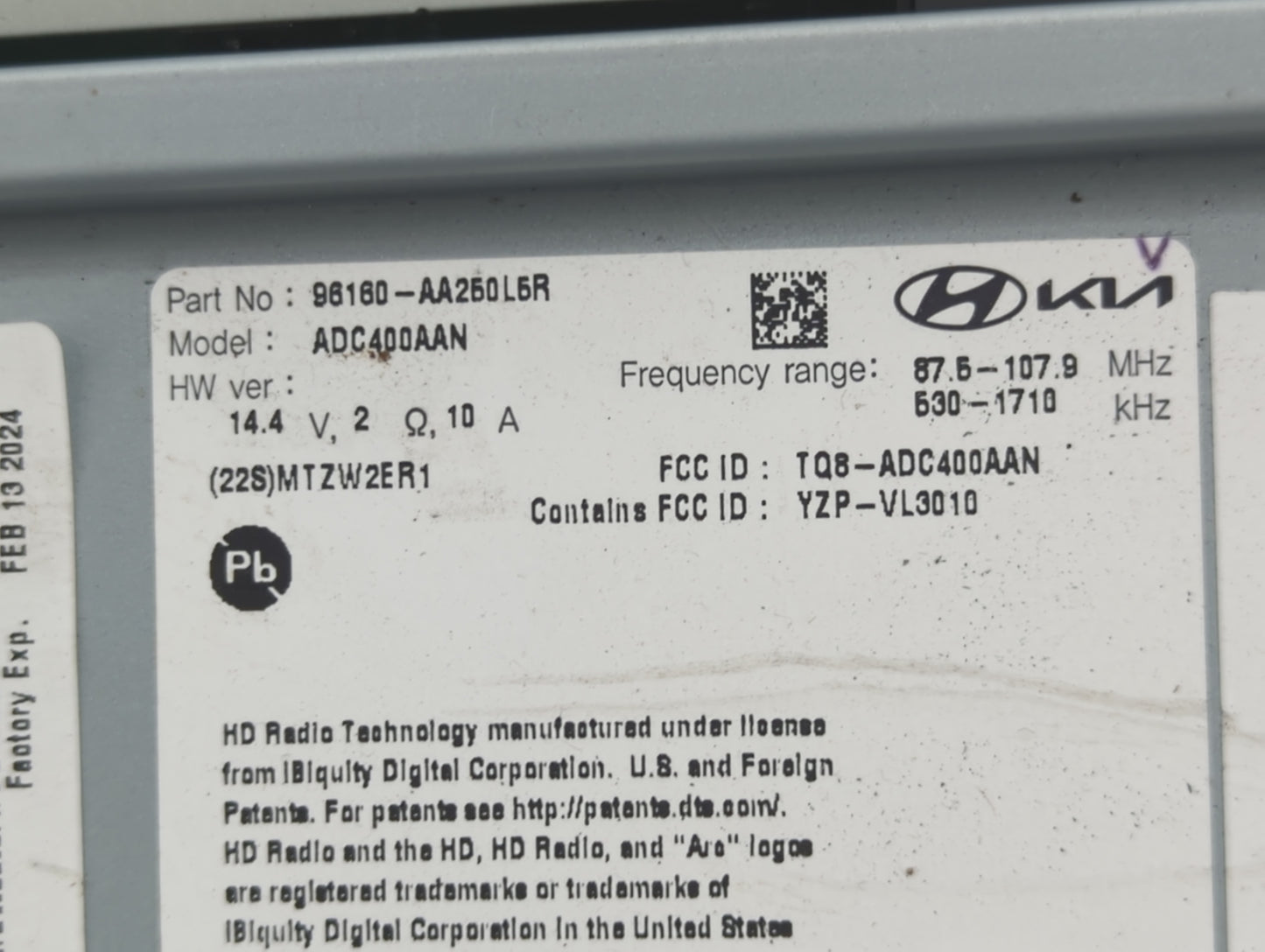 2021-2022 Hyundai Elantra Radio AM FM Cd Player Receiver Replacement P/N:96160-AA250L5R Fits Fits 2021 2022 OEM Used Auto Pa