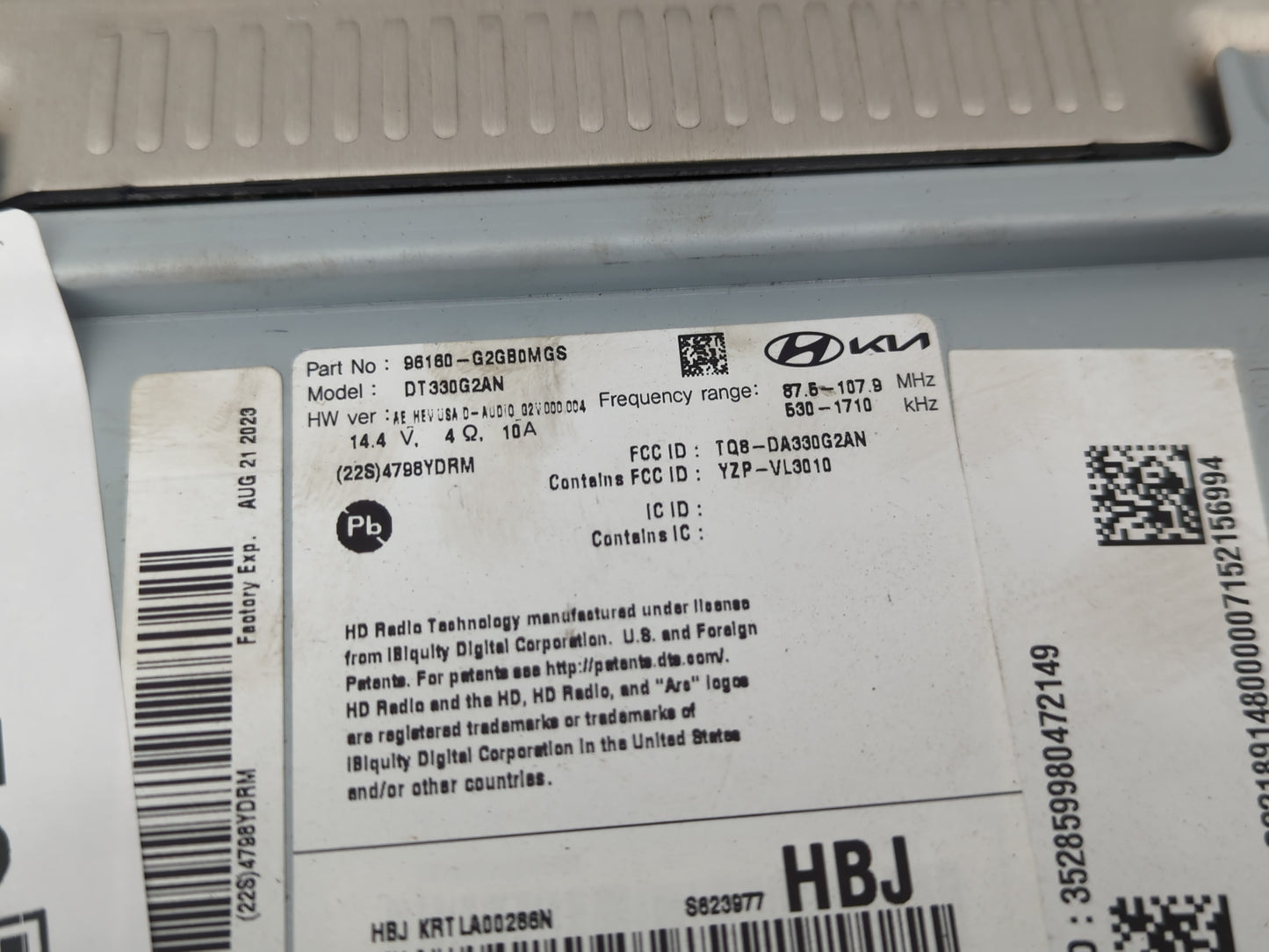 2022 Hyundai Ioniq Radio AM FM Cd Player Receiver Replacement P/N:96160-G2GB0MGS Fits OEM Used Auto Parts - Oemusedautoparts