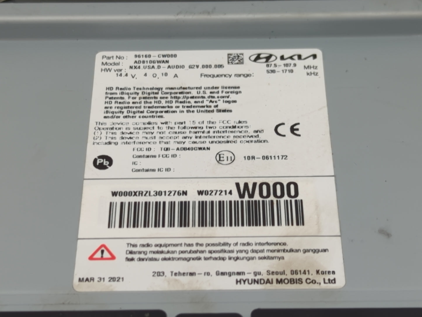 2022 Hyundai Tucson Radio AM FM Cd Player Receiver Replacement P/N:96160-CW000 ADB10GWAN Fits OEM Used Auto Parts - Oemuseda
