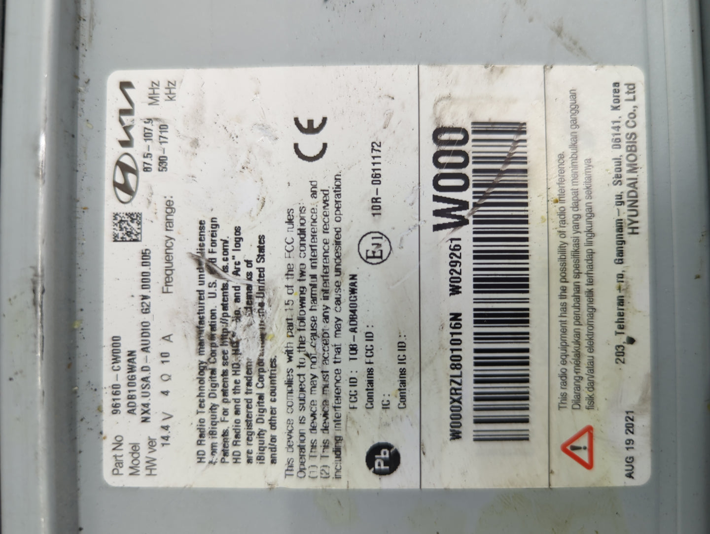 2022 Hyundai Tucson Radio AM FM Cd Player Receiver Replacement P/N:96160-CW000 AD810GWAN Fits OEM Used Auto Parts - Oemuseda