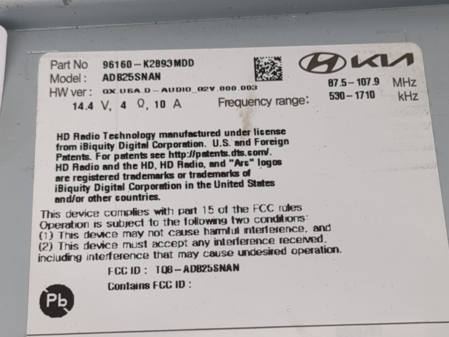 2020 Hyundai Venue Radio AM FM Cd Player Receiver Replacement P/N:96160-K893MDD Fits OEM Used Auto Parts - Oemusedautoparts1