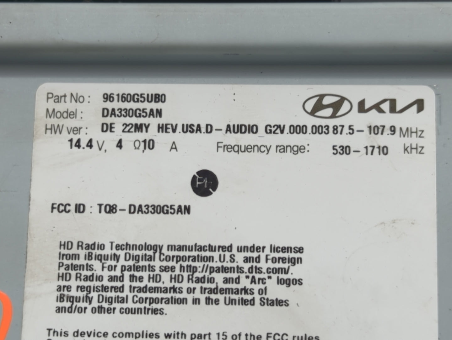 2022 Kia Niro Radio AM FM Cd Player Receiver Replacement P/N:96160G5UB0 Fits OEM Used Auto Parts - Oemusedautoparts1.com
