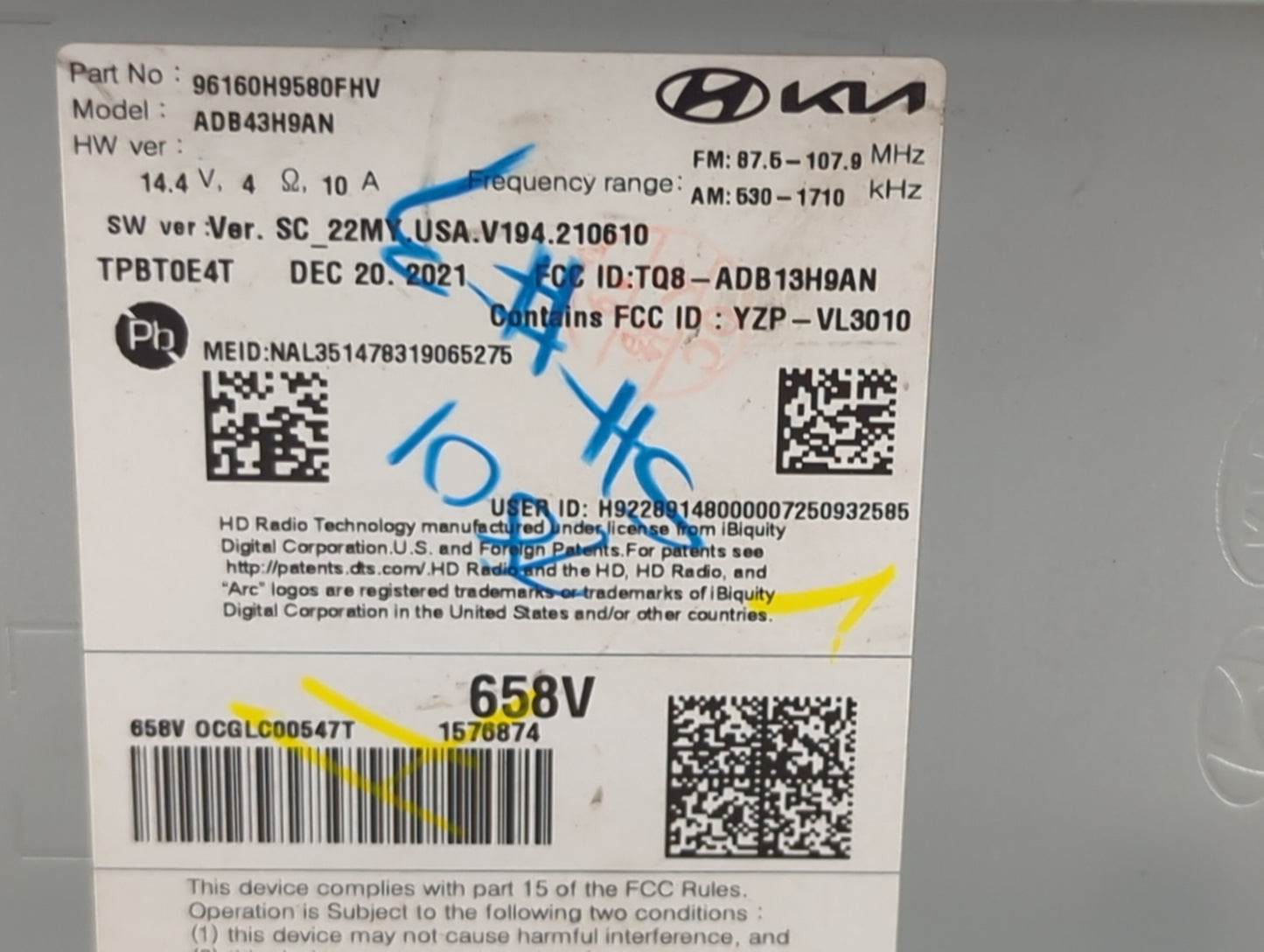 2022 Kia Rio Radio AM FM Cd Player Receiver Replacement P/N:96160H9580FHV ADB43H9AN, TQ8-ADB13H9AN, YZP-VL3010 Fits OEM Used
