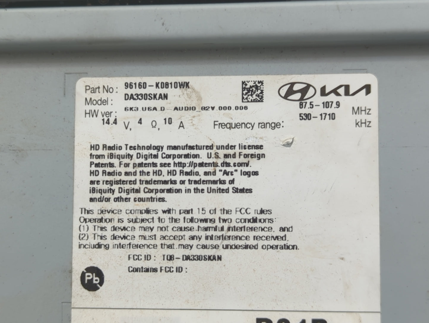 2022 Kia Soul Radio AM FM Cd Player Receiver Replacement P/N:96160-K0810WK DA330SKAN, TQ8-DA330SKAN Fits OEM Used Auto Parts