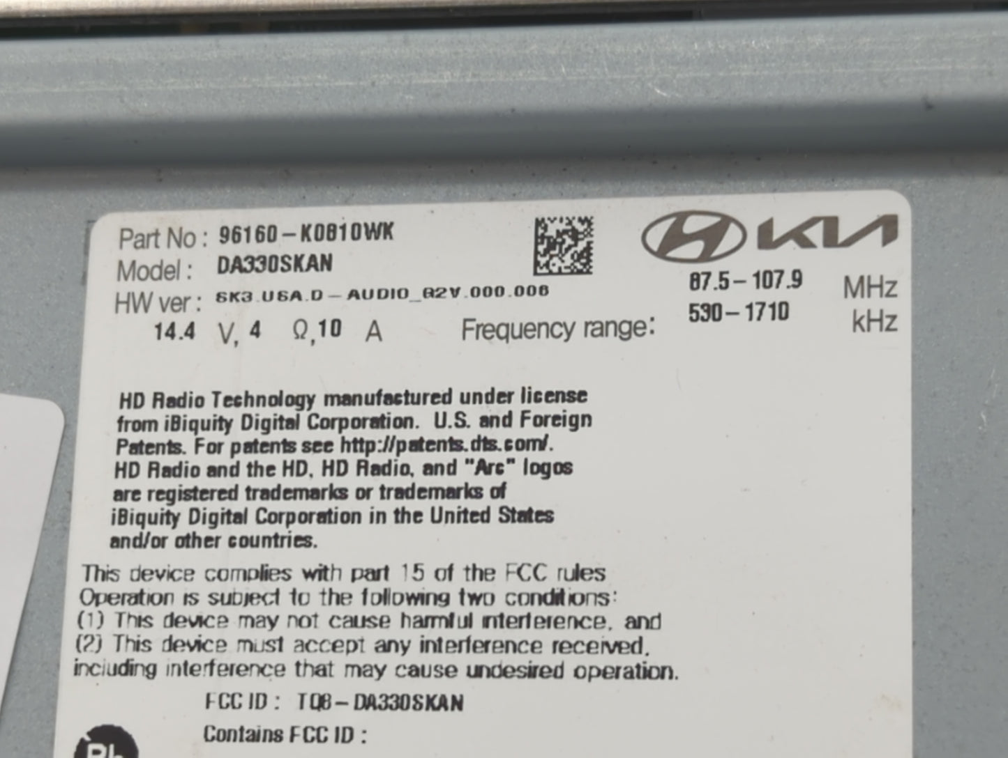 2022 Kia Soul Radio AM FM Cd Player Receiver Replacement P/N:96160-K0810WK DA330SKAN, TQ8-DA330SKAN Fits OEM Used Auto Parts