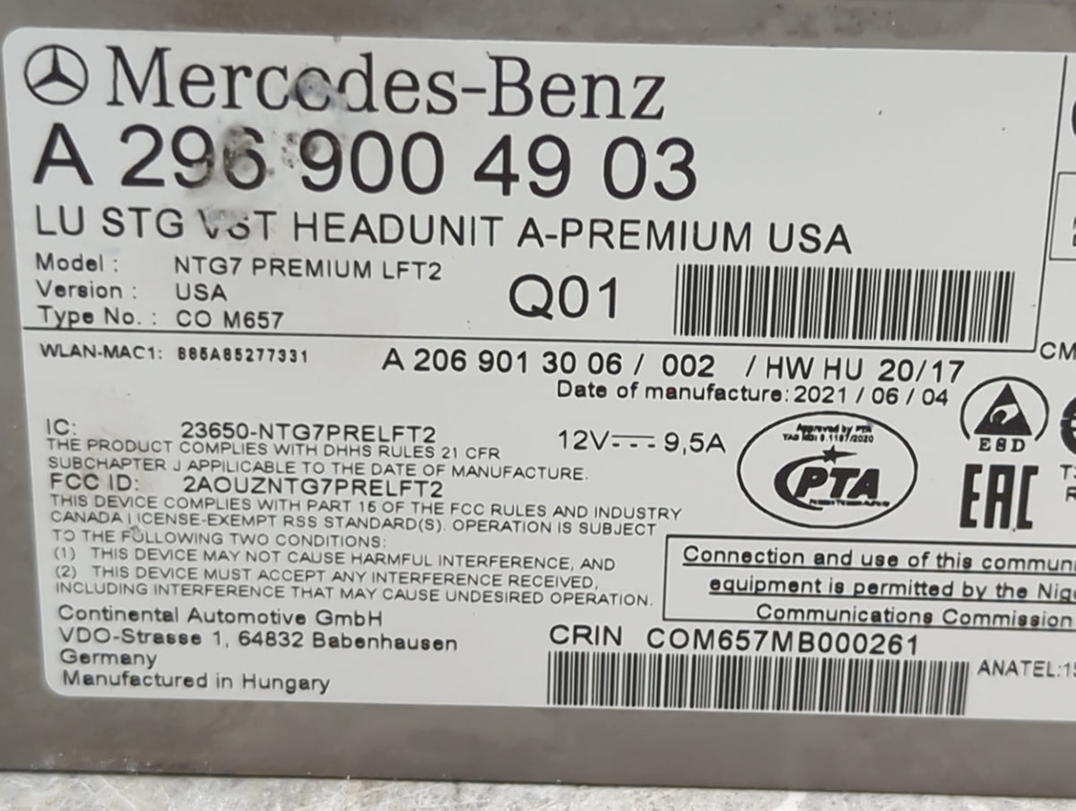 2022 Mercedes-Benz Sl-Class Radio AM FM Cd Player Receiver Replacement P/N:A2969004903 A206901300, 2AOUZNTG7PRELFT2 Fits OEM