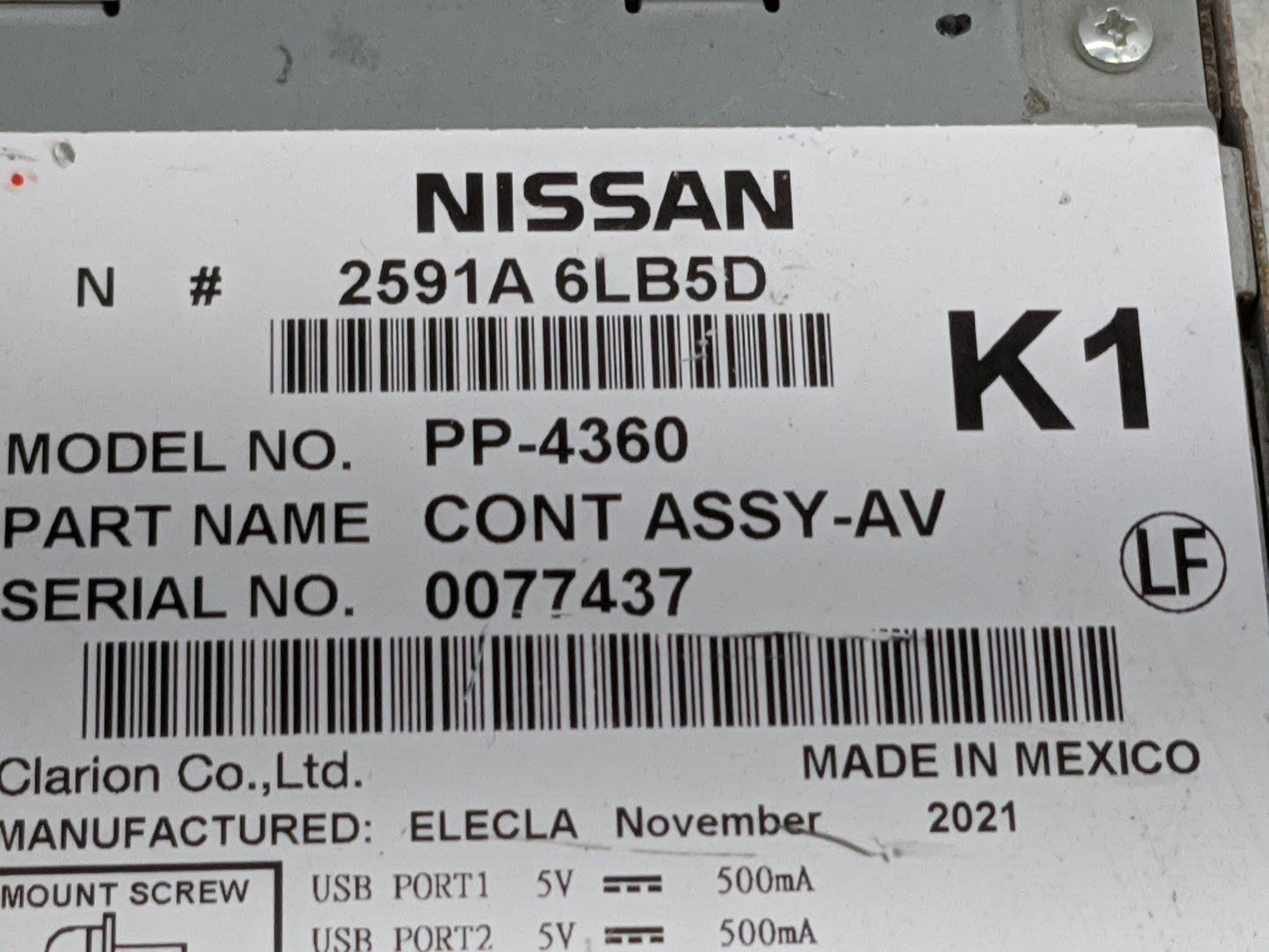 2022 Nissan Sentra Radio AM FM Cd Player Receiver Replacement P/N:2591A6LB5D PP-4360, 275-2604-01 Fits OEM Used Auto Parts -