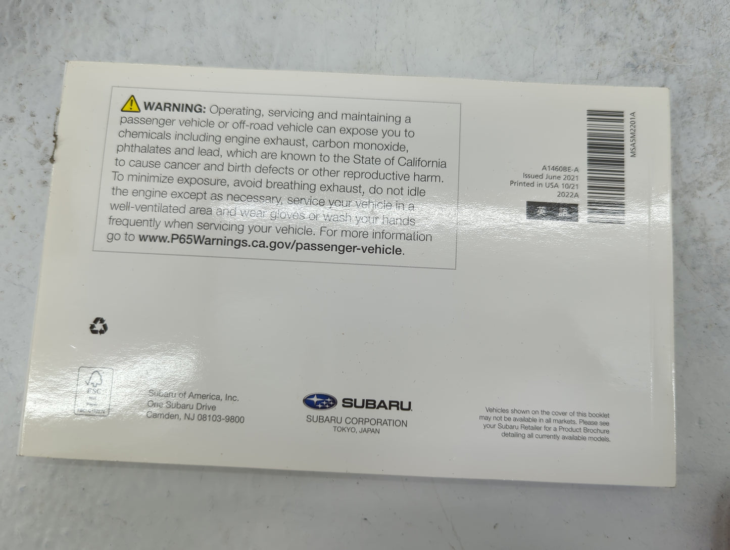 2022 Subaru Impreza Owners Manual Book Guide P/N:A1460BE-A MSA5M2201A OEM Used Auto Parts - Oemusedautoparts1.com
