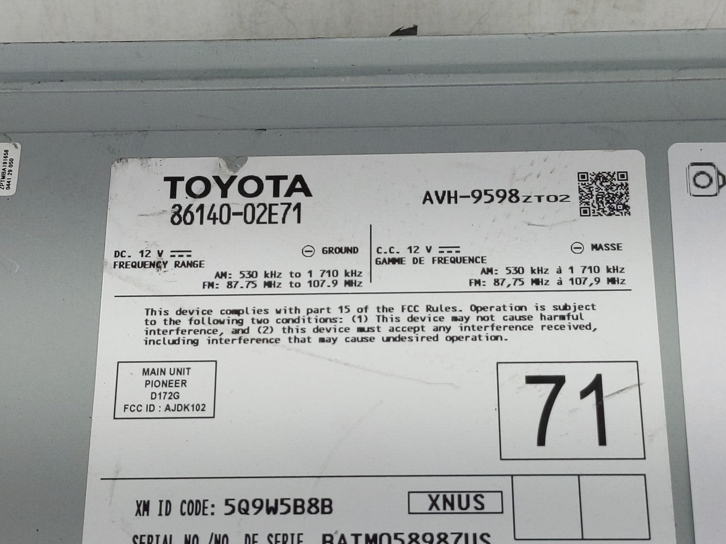 2021-2022 Toyota Corolla Radio AM FM Cd Player Receiver Replacement P/N:86140-02E71 Fits Fits 2021 2022 OEM Used Auto Parts 