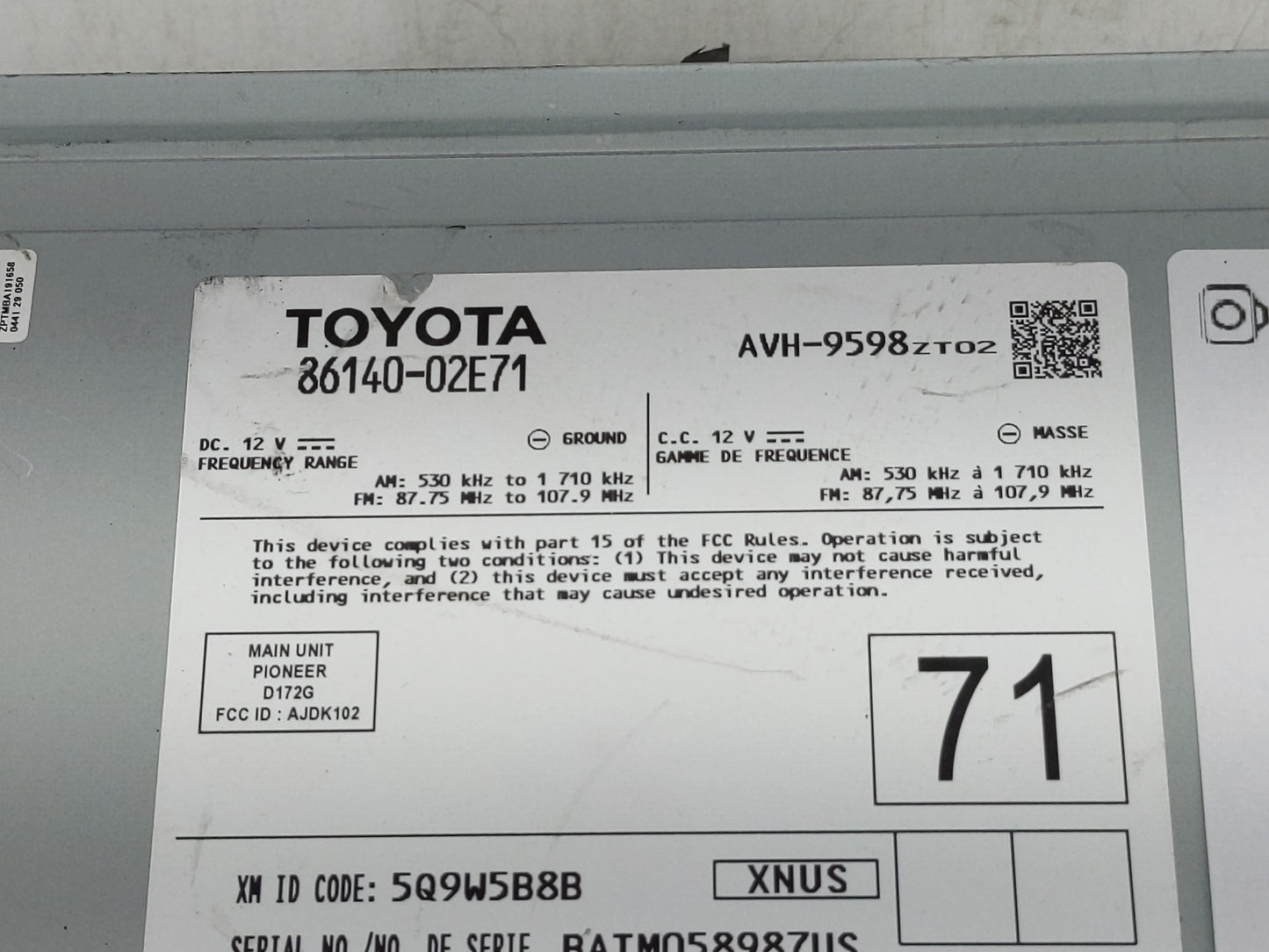 2021-2022 Toyota Corolla Radio AM FM Cd Player Receiver Replacement P/N:86140-02E71 Fits Fits 2021 2022 OEM Used Auto Parts 