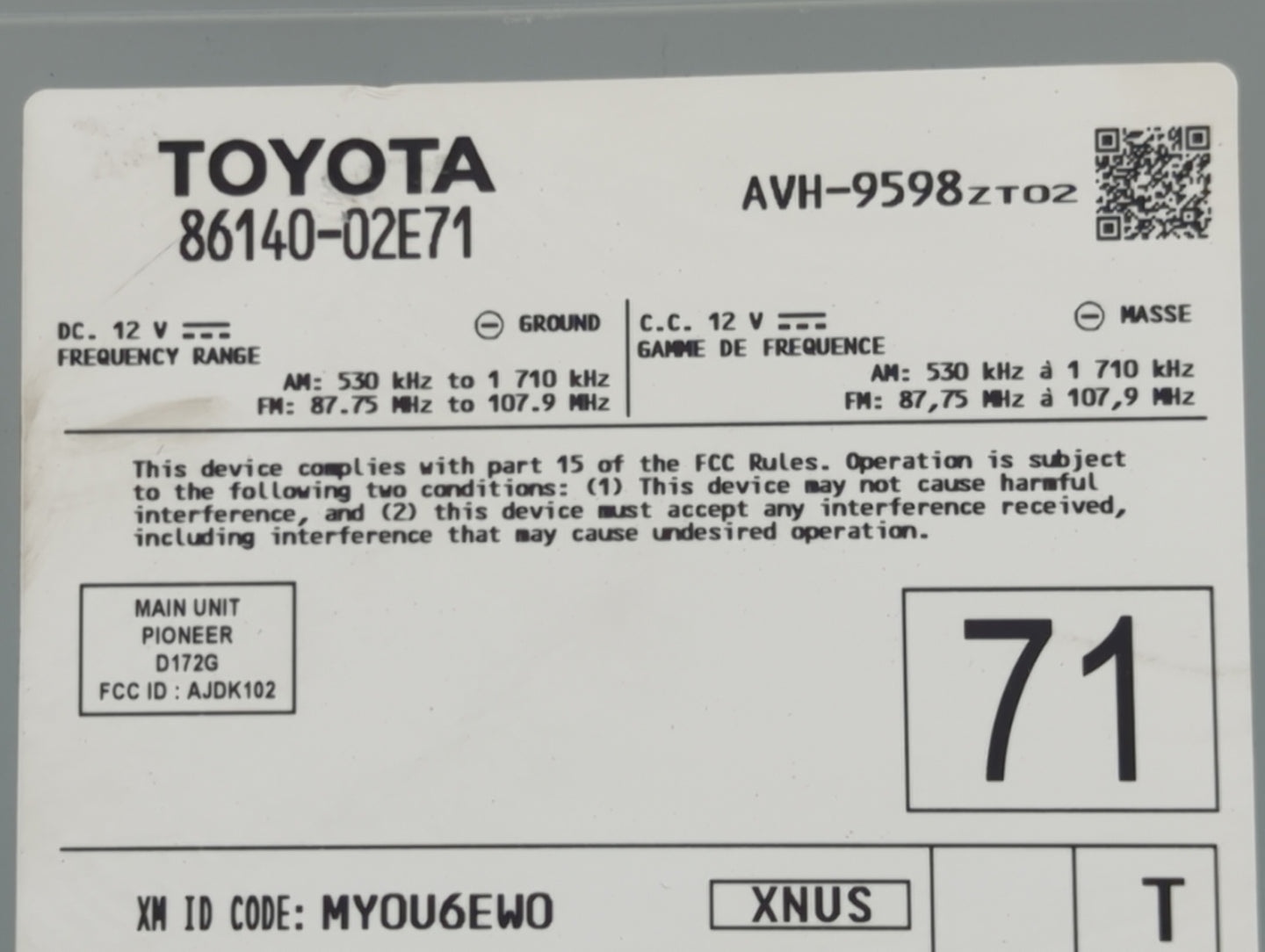 2022 Toyota Corolla Radio AM FM Cd Player Receiver Replacement P/N:86140-02E71 Fits OEM Used Auto Parts - Oemusedautoparts1.
