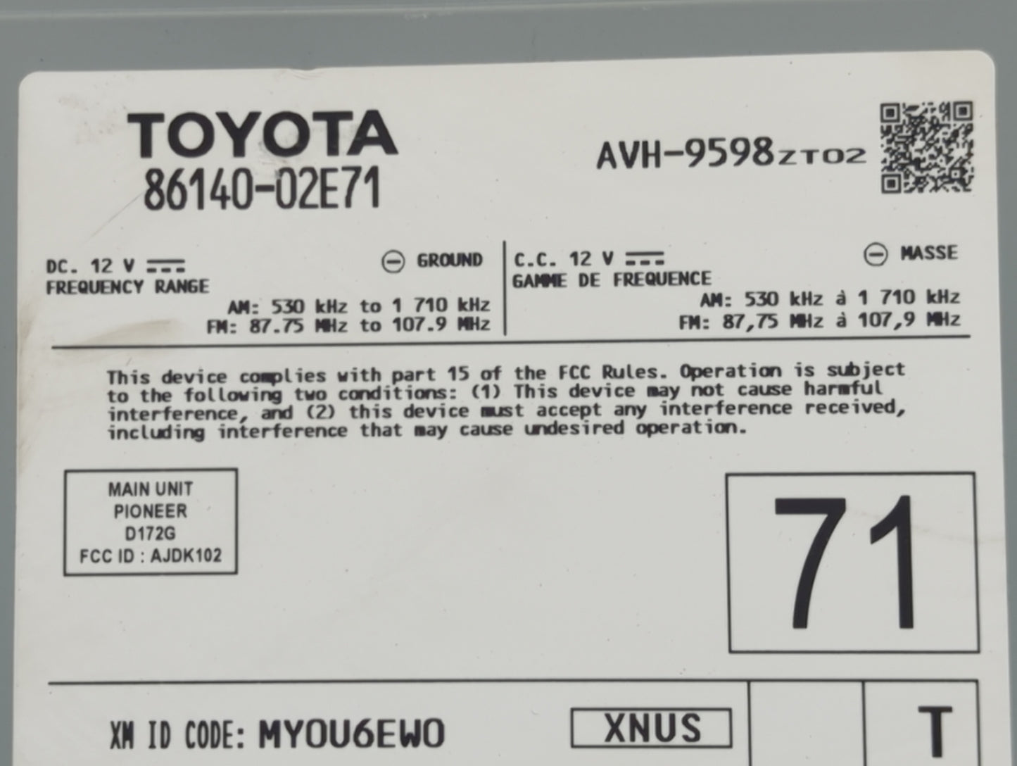 2022 Toyota Corolla Radio AM FM Cd Player Receiver Replacement P/N:86140-02E71 Fits OEM Used Auto Parts - Oemusedautoparts1.