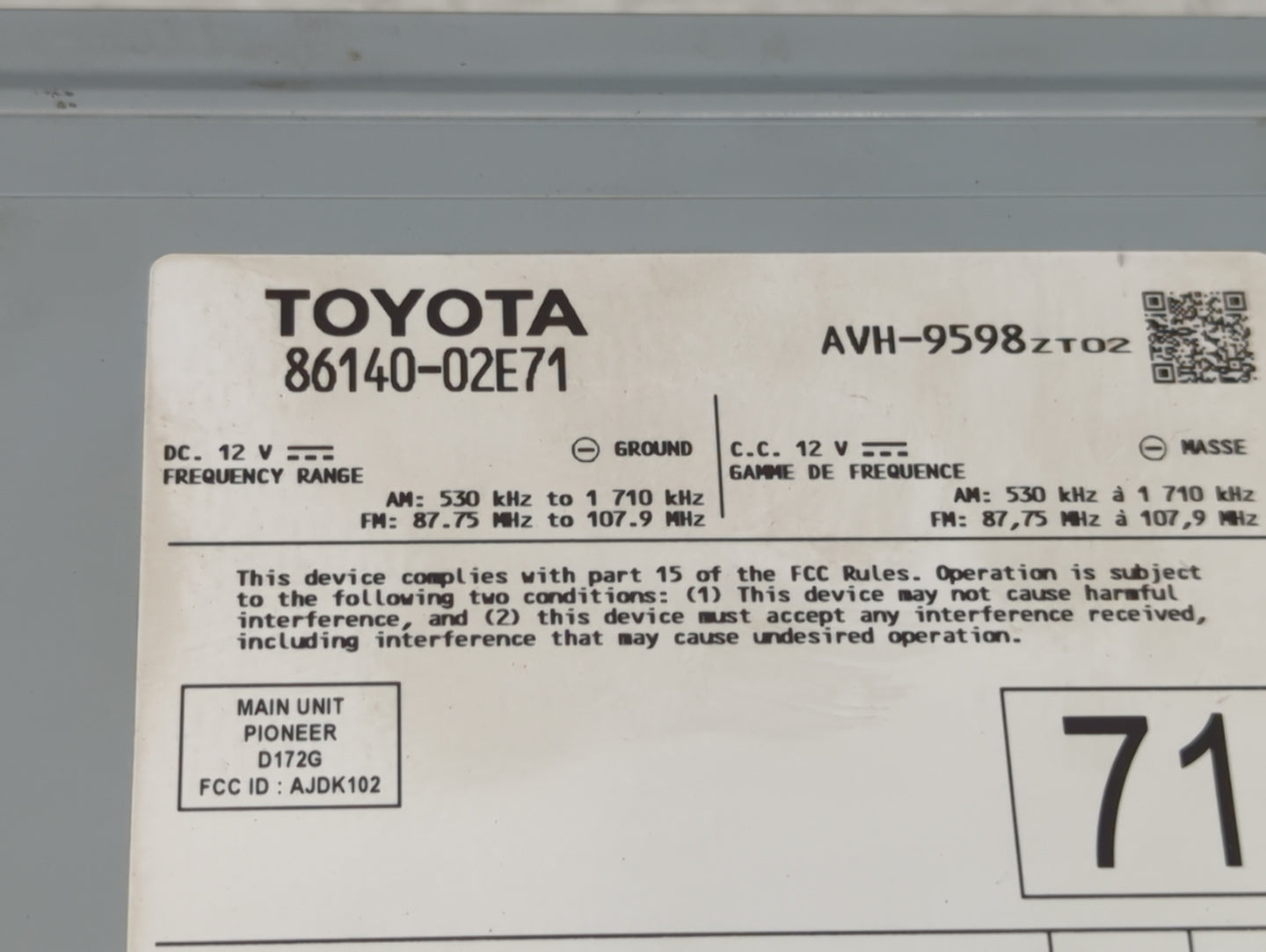 2021-2022 Toyota Corolla Radio AM FM Cd Player Receiver Replacement P/N:86140-02E71 AVH-9598, D172G, AJDK102 Fits Fits 2021 