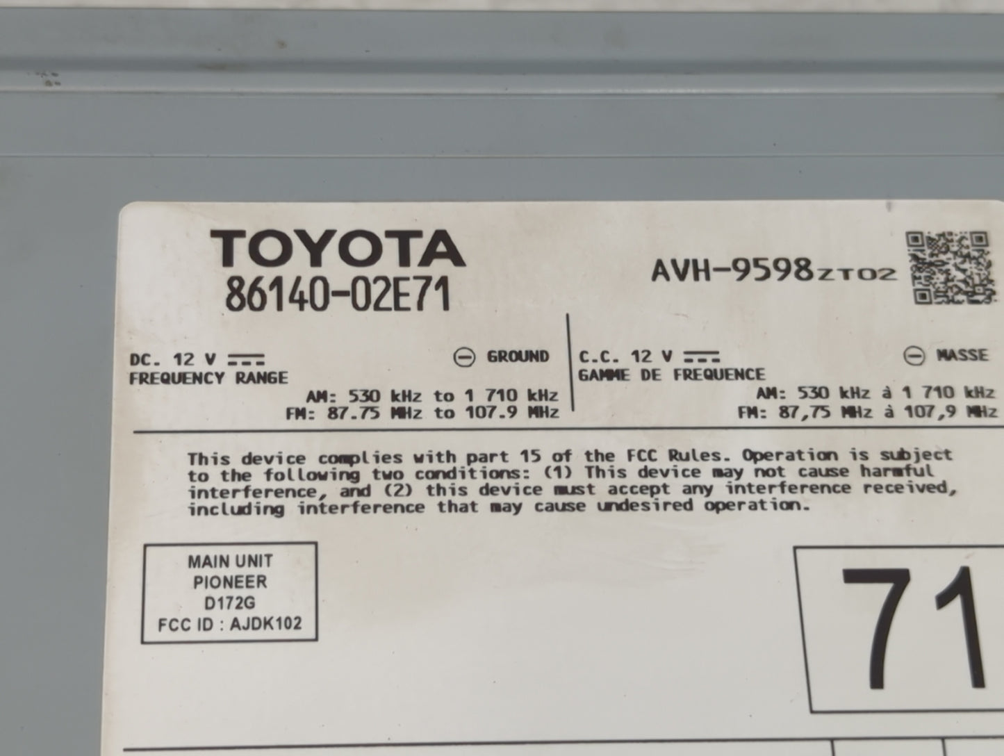 2021-2022 Toyota Corolla Radio AM FM Cd Player Receiver Replacement P/N:86140-02E71 AVH-9598, D172G, AJDK102 Fits Fits 2021 