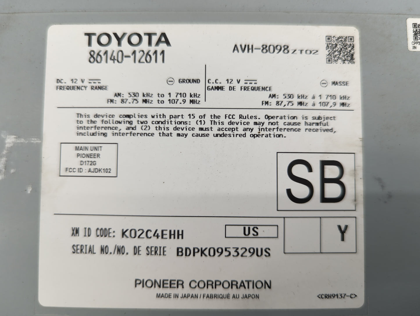 2021-2022 Toyota Corolla Radio AM FM Cd Player Receiver Replacement P/N:86140-12611 AVH-8098, AJDK102, D172G Fits Fits 2021 