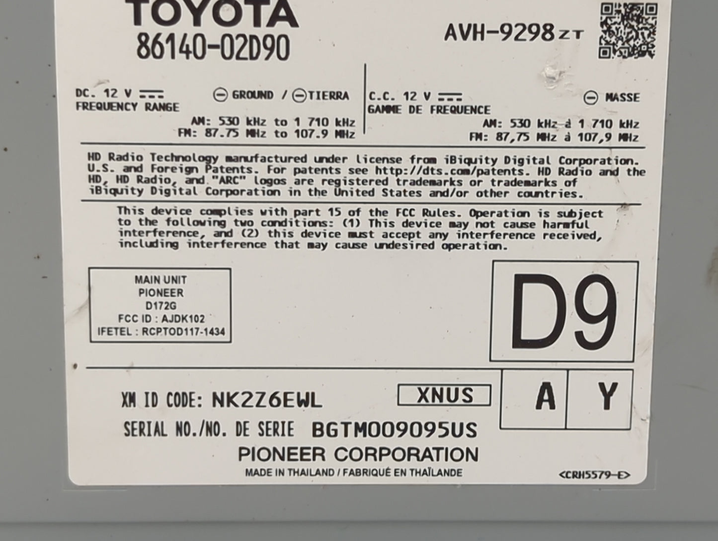 2022 Toyota Corolla Radio AM FM Cd Player Receiver Replacement P/N:86140-02D90 AVH-9298, D172G, AJDK102, NK2Z6EWL Fits OEM U