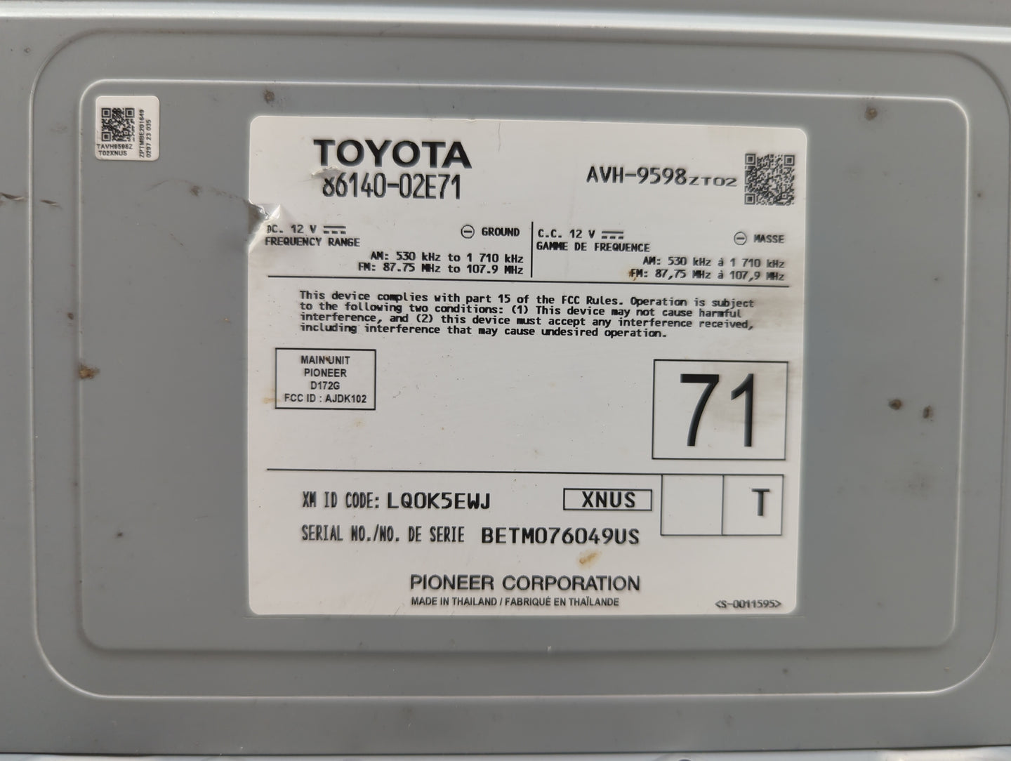2021-2022 Toyota Corolla Radio AM FM Cd Player Receiver Replacement P/N:86140-02E71 AVH-9598, AJDK102, D172G Fits Fits 2021 