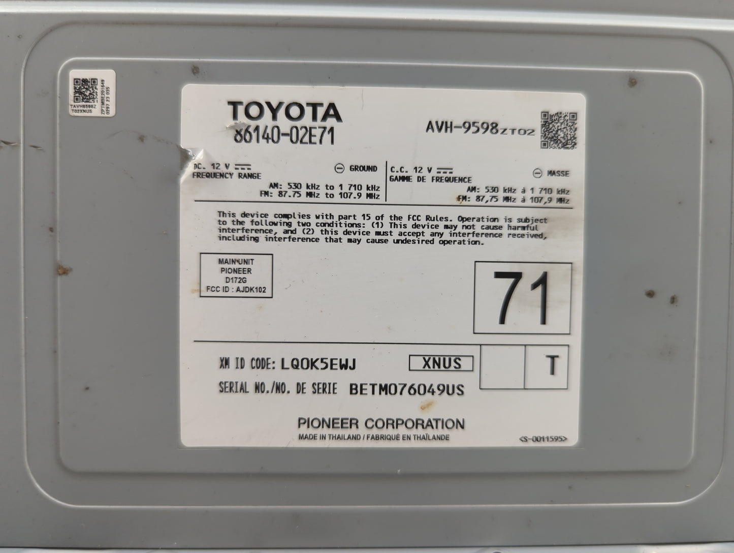 2021-2022 Toyota Corolla Radio AM FM Cd Player Receiver Replacement P/N:86140-02E71 AVH-9598, AJDK102, D172G Fits Fits 2021 