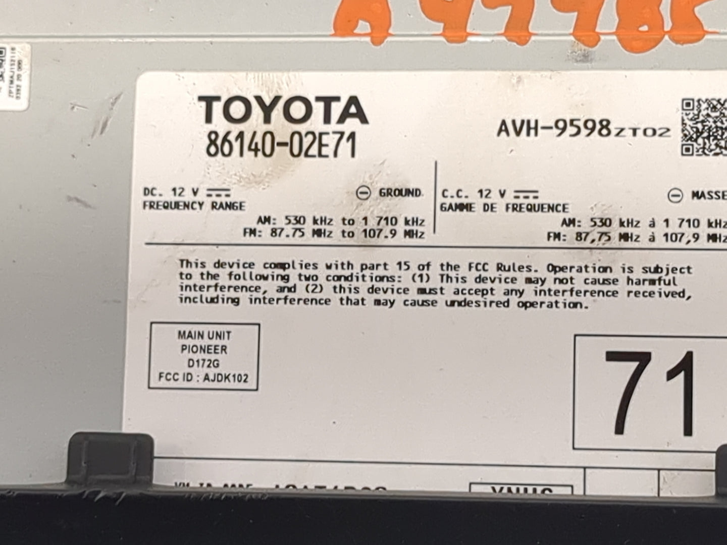 2021-2022 Toyota Corolla Radio AM FM Cd Player Receiver Replacement P/N:86140-02E71 AVH-9598ZT02, D172G Fits Fits 2021 2022 