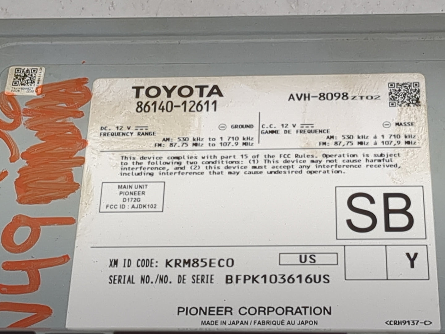 2022 Toyota Corolla Radio AM FM Cd Player Receiver Replacement P/N:86140-12611 AVH-8098, AJDK102, D172G Fits OEM Used Auto P