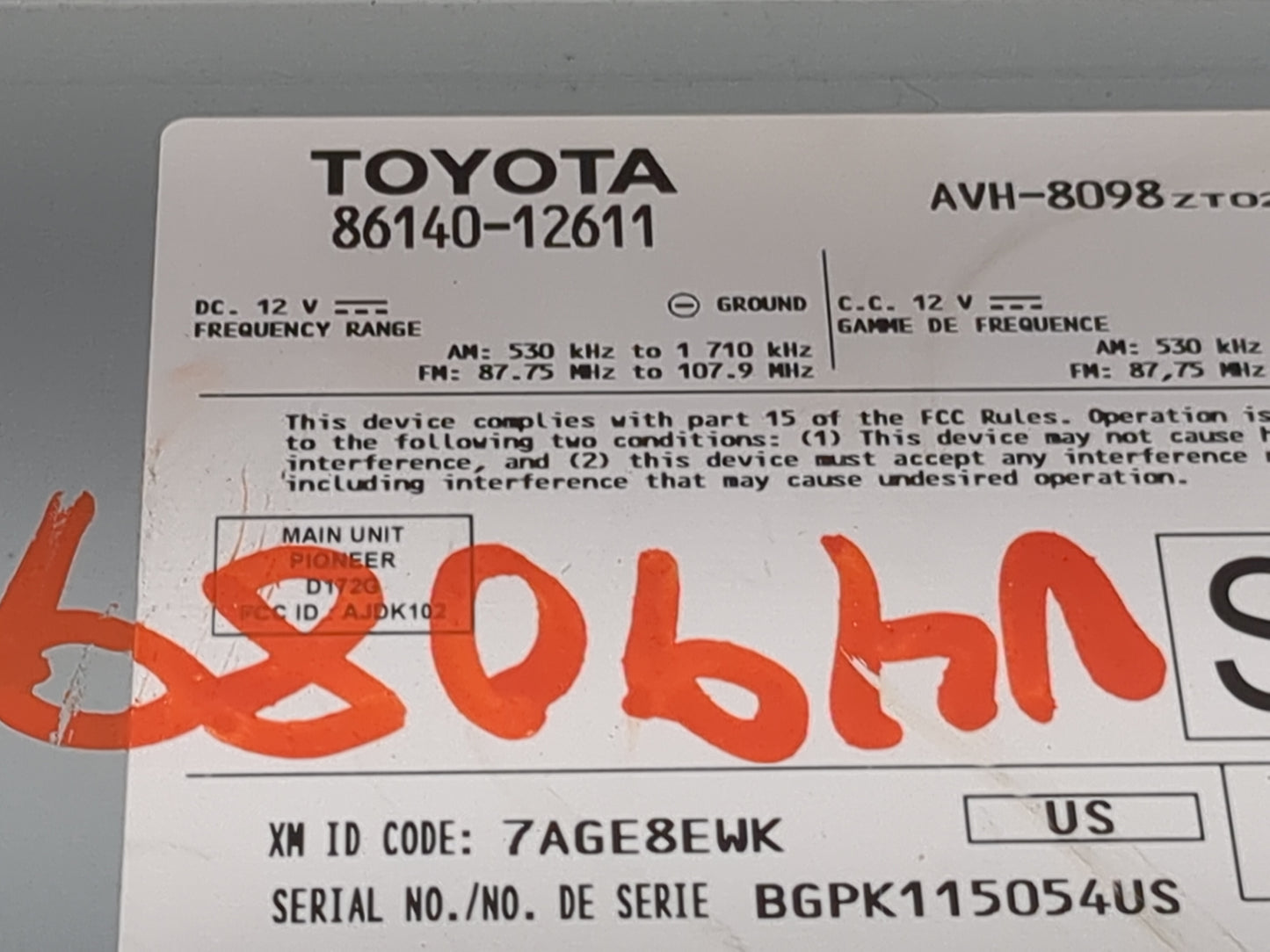 2022 Toyota Corolla Radio AM FM Cd Player Receiver Replacement P/N:86140-12611 86140-1261, AVH-8098, D172G Fits OEM Used Aut