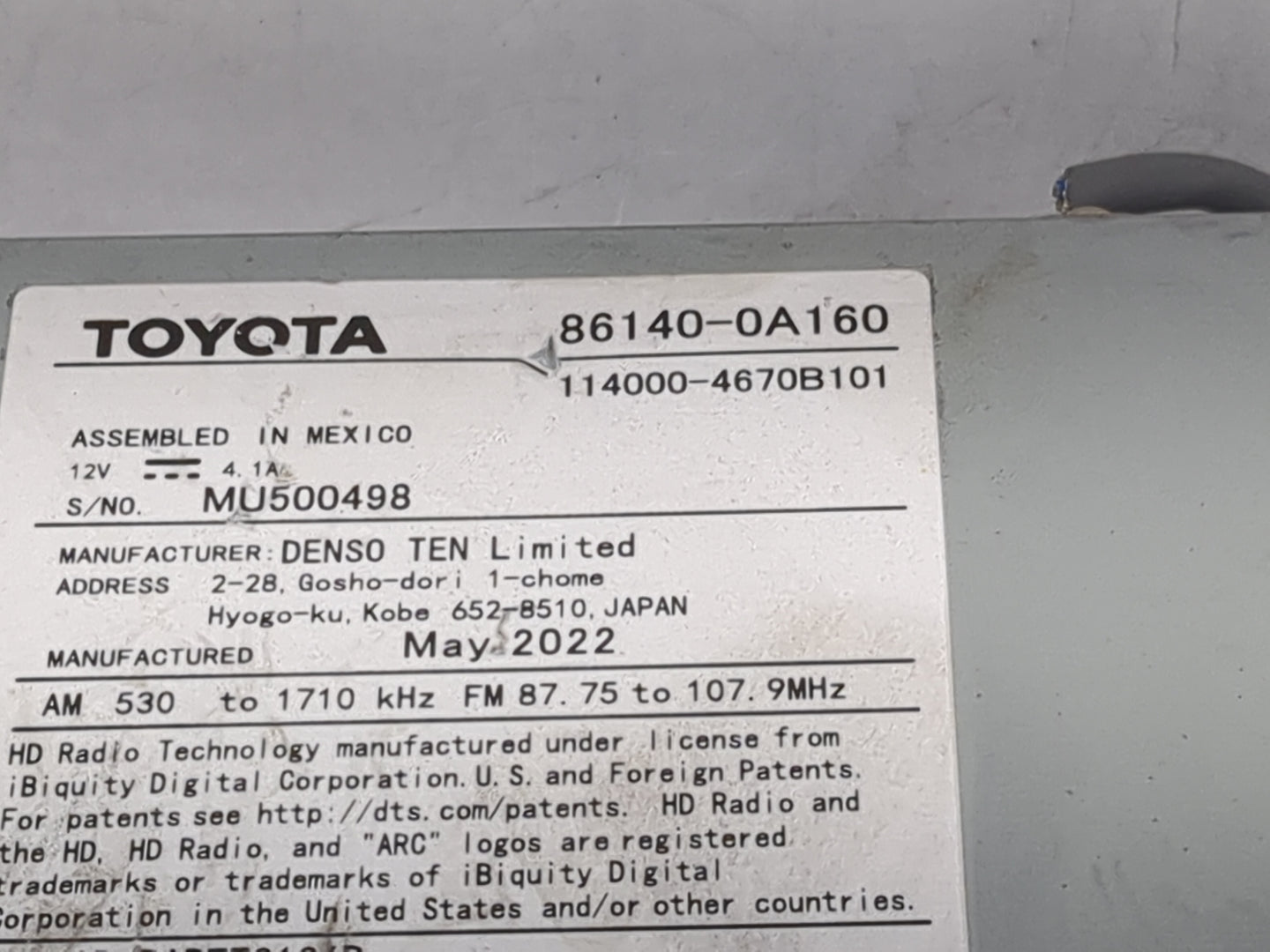 2022 Toyota Corolla Cross Radio AM FM Cd Player Receiver Replacement P/N:86140-0A160 114000-4670B101 Fits OEM Used Auto Part