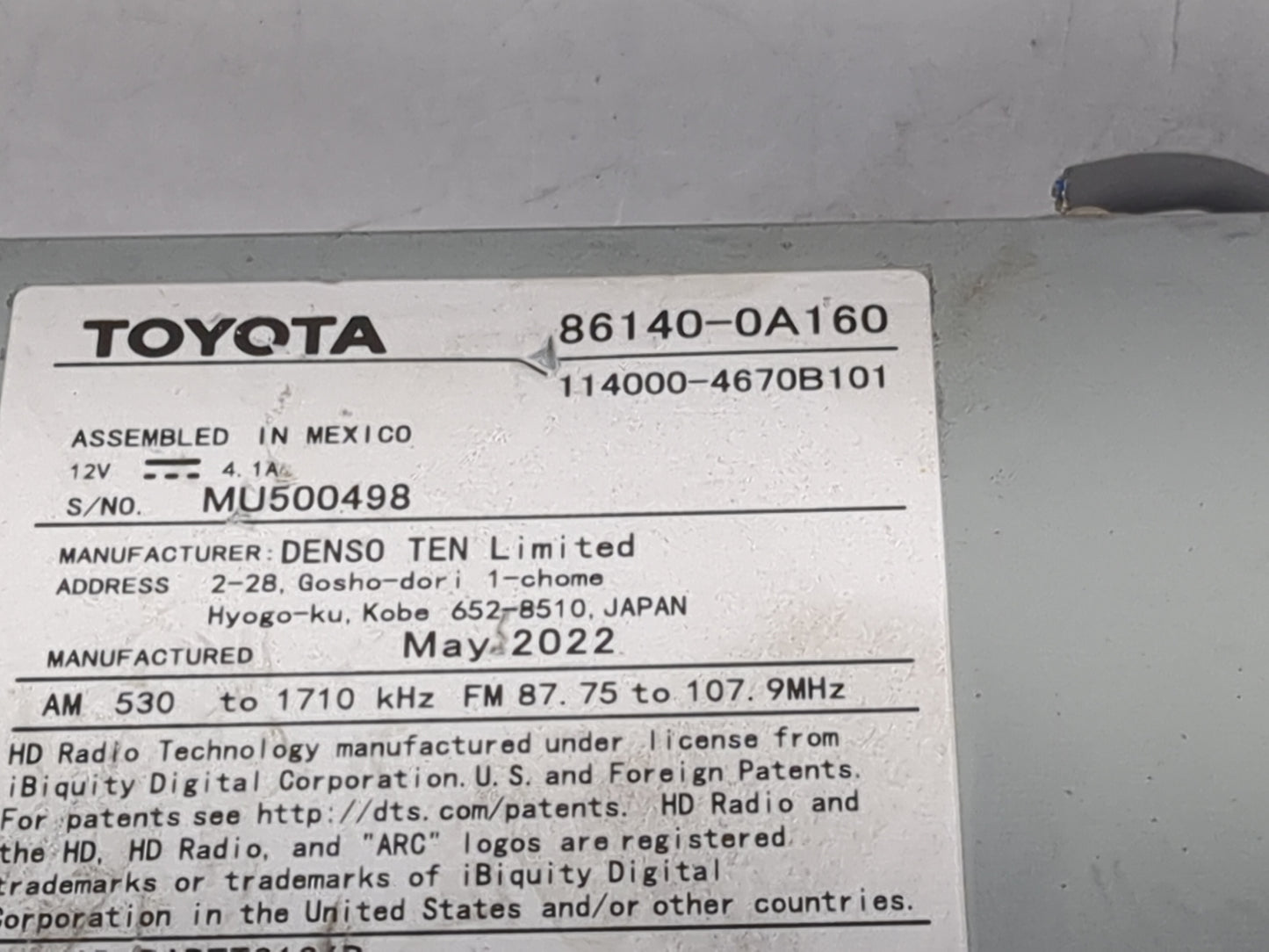 2022 Toyota Corolla Cross Radio AM FM Cd Player Receiver Replacement P/N:86140-0A160 114000-4670B101 Fits OEM Used Auto Part