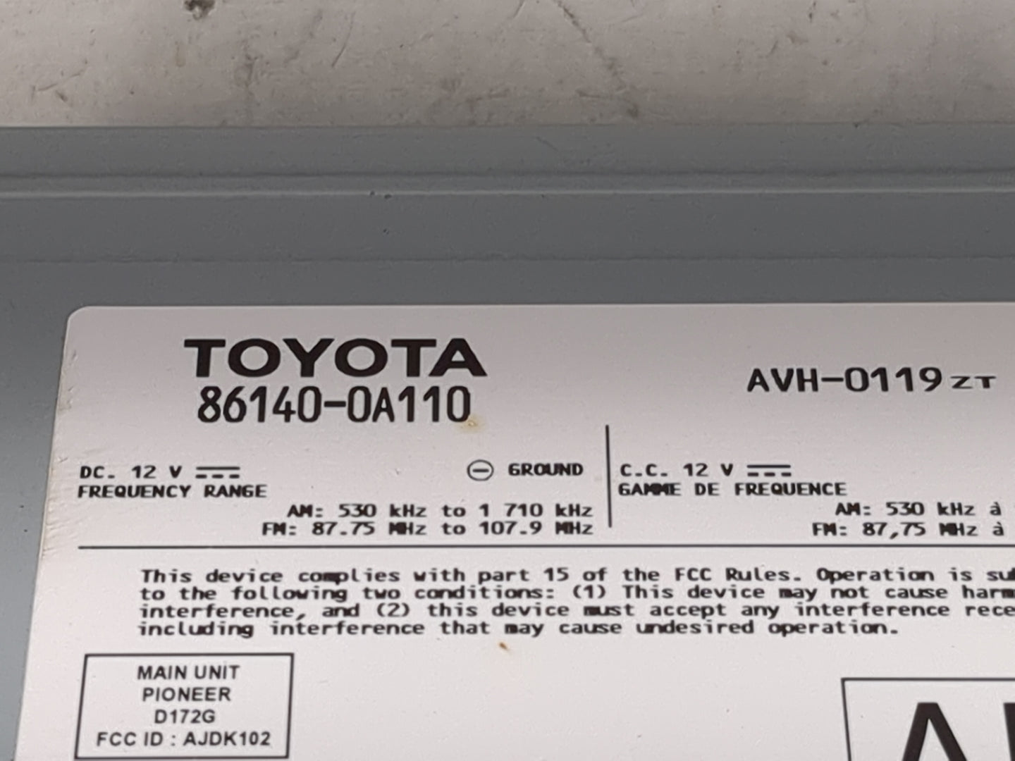 2022 Toyota Corolla Cross Radio AM FM Cd Player Receiver Replacement P/N:86140-0A110 AVH-0119, D172G, AJDK102 Fits OEM Used 