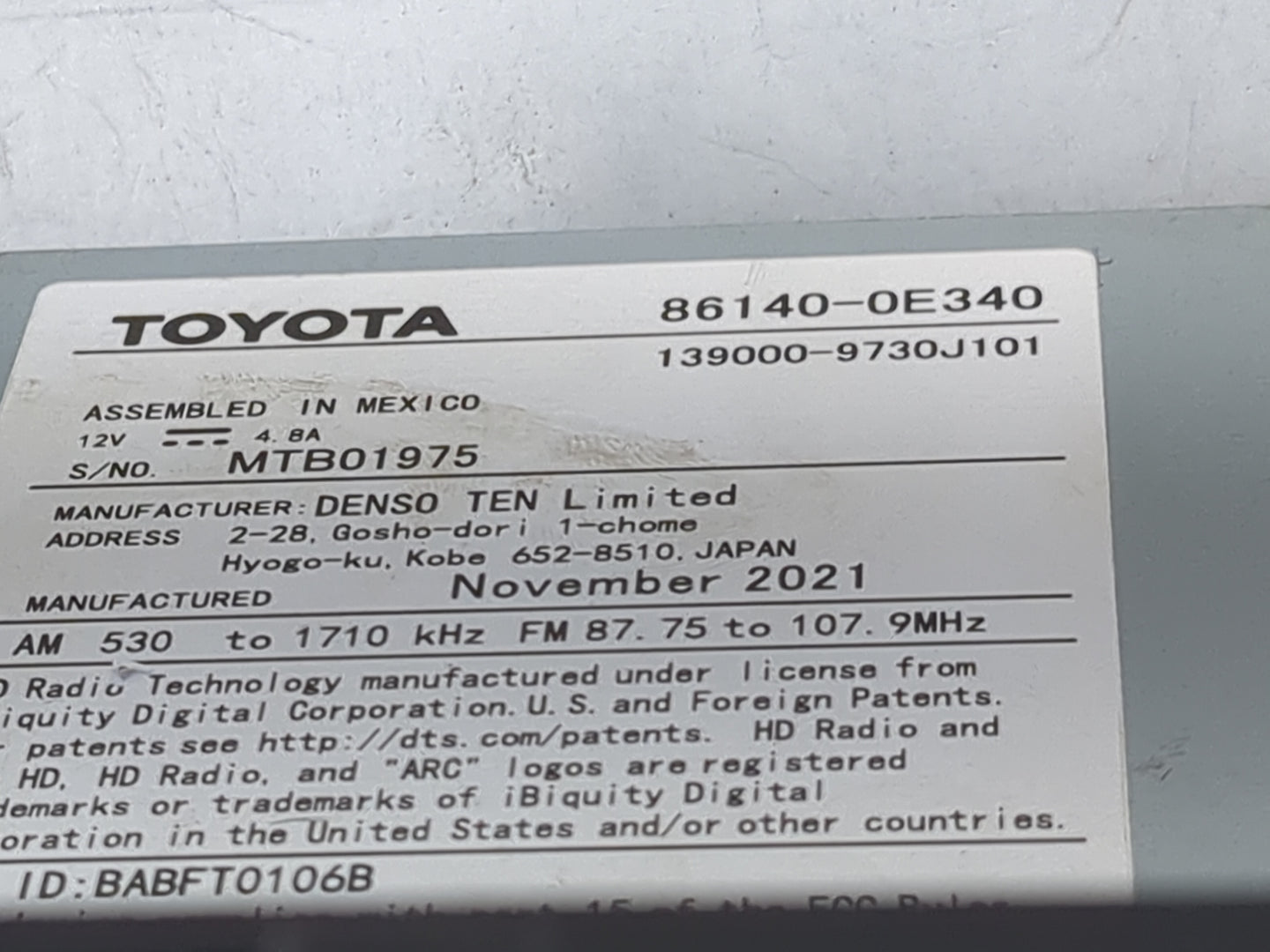 2020-2022 Toyota Highlander Radio AM FM Cd Player Receiver Replacement P/N:86140-0E340 139000-9730J101 Fits Fits 2020 2021 2