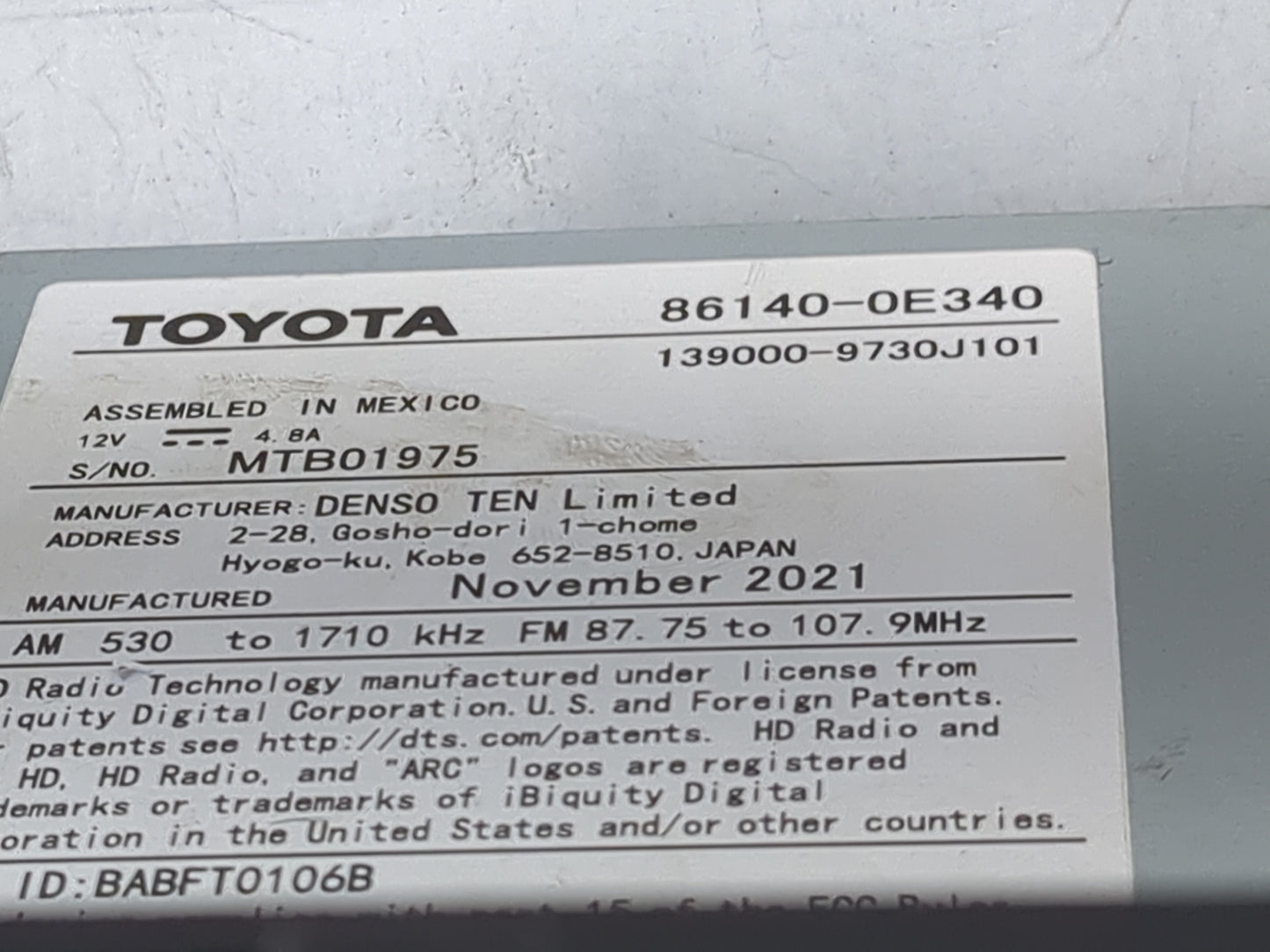 2020-2022 Toyota Highlander Radio AM FM Cd Player Receiver Replacement P/N:86140-0E340 139000-9730J101 Fits Fits 2020 2021 2