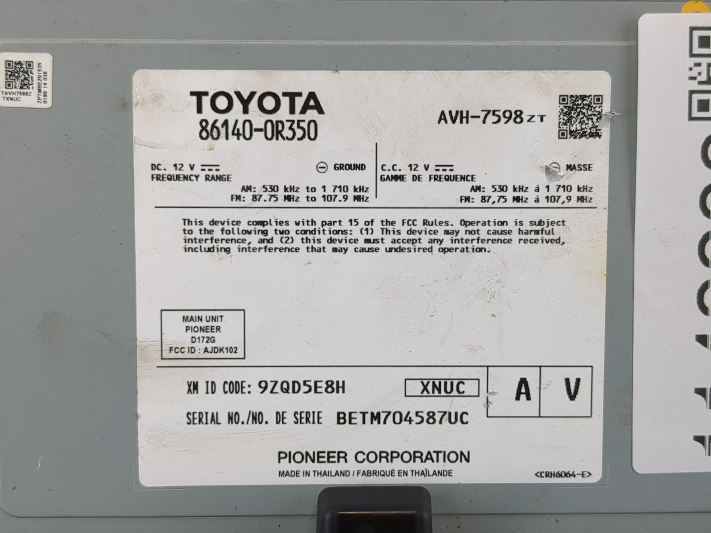2020-2022 Toyota Rav4 Radio AM FM Cd Player Receiver Replacement P/N:86140-0R350 Fits Fits 2020 2021 2022 OEM Used Auto Part