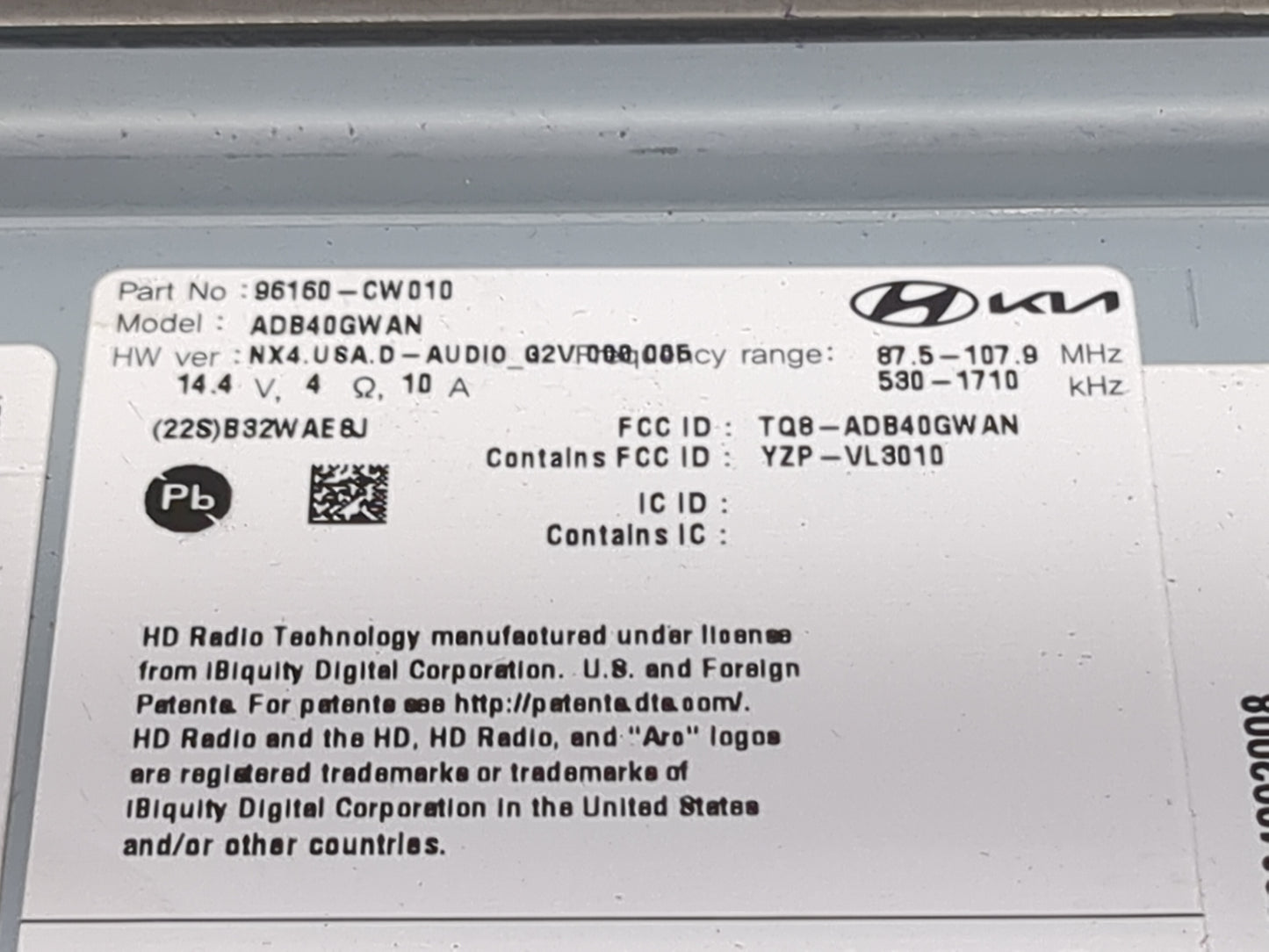 2022 Hyundai Tucson Radio AM FM Cd Player Receiver Replacement P/N:96160-CW010 ADB40GWAN, TQ8-ADB40GWAN, YZP-VL3010 Fits OEM