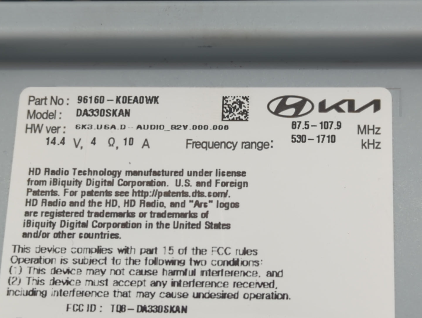 2023 Kia Soul Radio AM FM Cd Player Receiver Replacement P/N:96160-K0EA0WK DA330SKAN, TQ8-DA330SKAN Fits OEM Used Auto Parts
