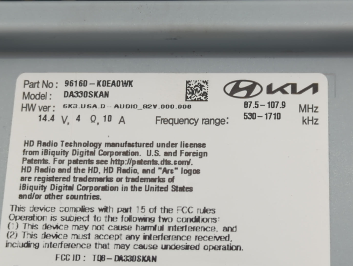 2023 Kia Soul Radio AM FM Cd Player Receiver Replacement P/N:96160-K0EA0WK DA330SKAN, TQ8-DA330SKAN Fits OEM Used Auto Parts