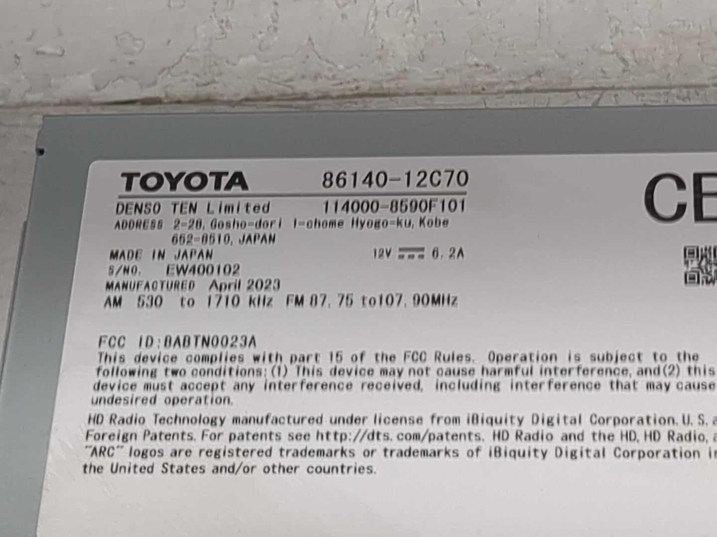 2023 Toyota Corolla Radio AM FM Cd Player Receiver Replacement P/N:86140-12C70 114000-8590F101, BABTN0023A Fits OEM Used Aut