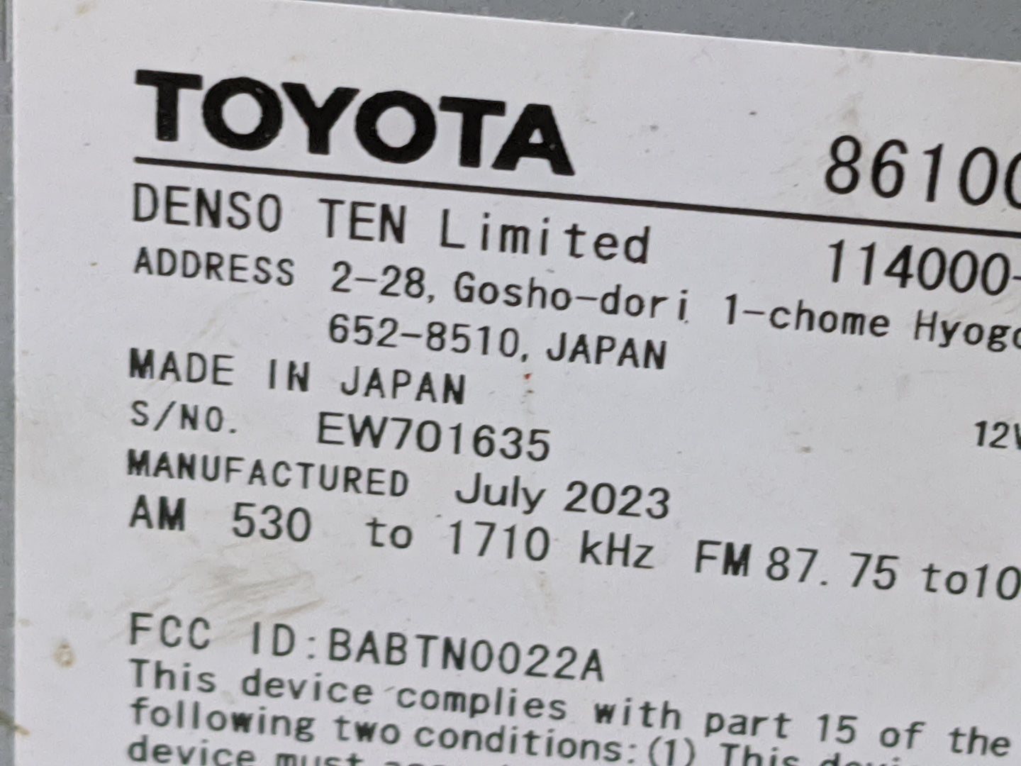 2023 Toyota Corolla Radio AM FM Cd Player Receiver Replacement P/N:86100-30360 114000-9550G101, BABTN0022A, EW701635 Fits OE