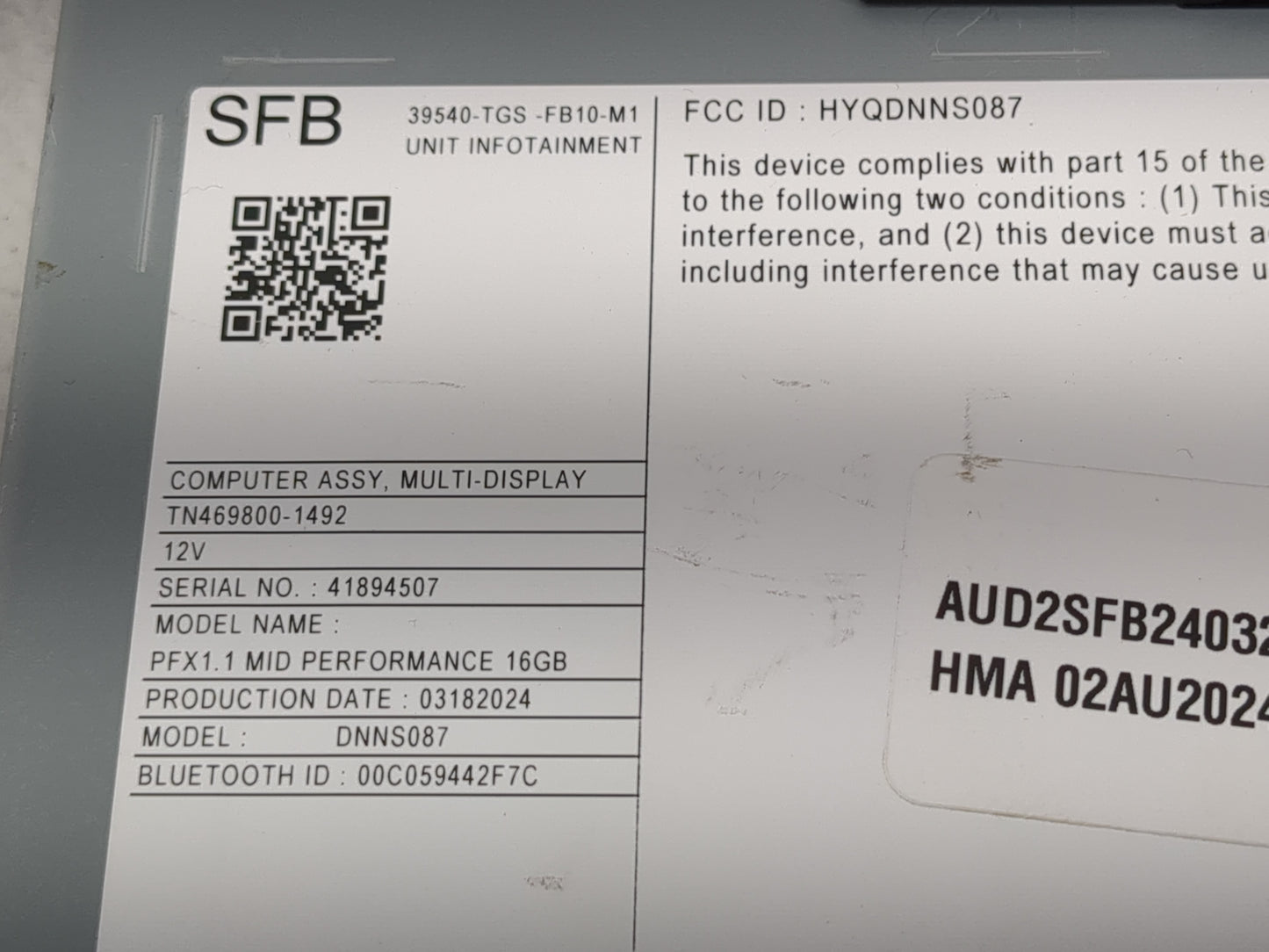 2024 Honda Passport Radio AM FM Cd Player Receiver Replacement P/N:39540-TGS-FB10-M1 Fits OEM Used Auto Parts - Oemusedautop