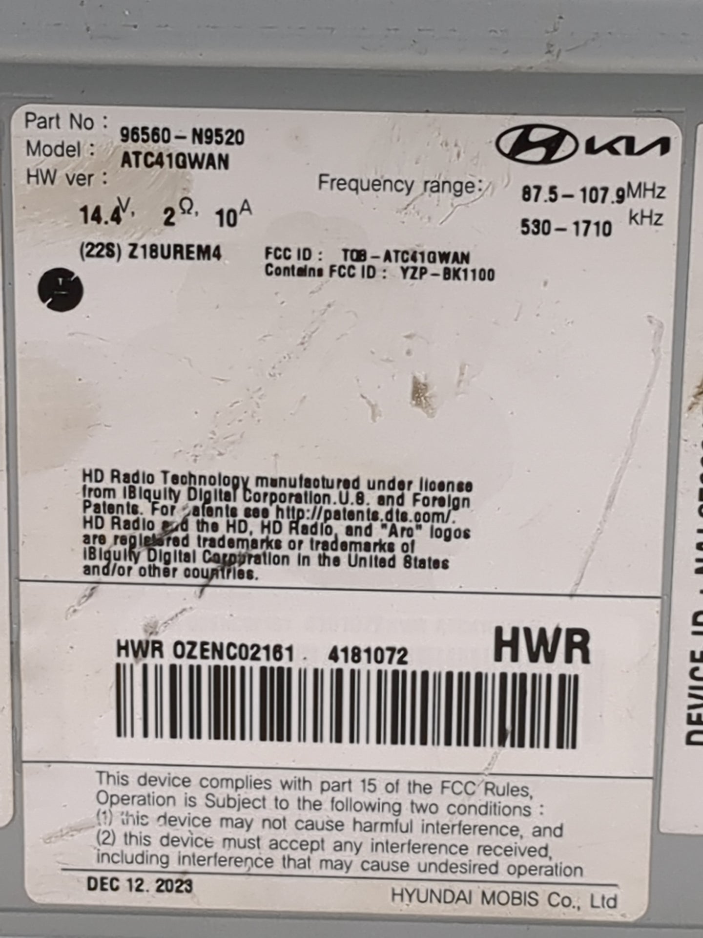 2022 Hyundai Tucson Radio AM FM Cd Player Receiver Replacement P/N:96560-N9520 ATC41QWAN, TQ8-ATC41QWAN, YZP-BK1100 Fits OEM