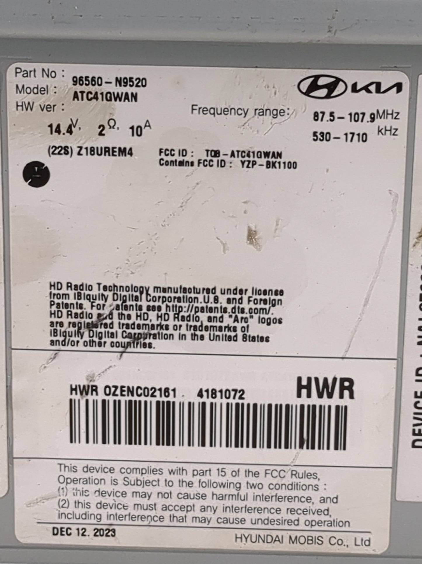 2022 Hyundai Tucson Radio AM FM Cd Player Receiver Replacement P/N:96560-N9520 ATC41QWAN, TQ8-ATC41QWAN, YZP-BK1100 Fits OEM