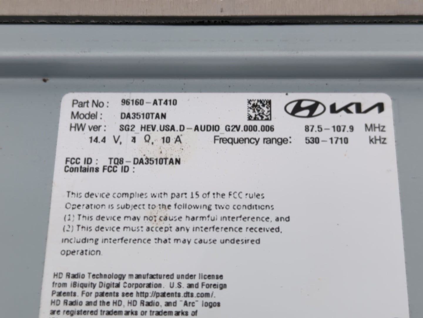 2024 Kia Niro Radio AM FM Cd Player Receiver Replacement P/N:96160-AT410 Fits OEM Used Auto Parts - Oemusedautoparts1.com