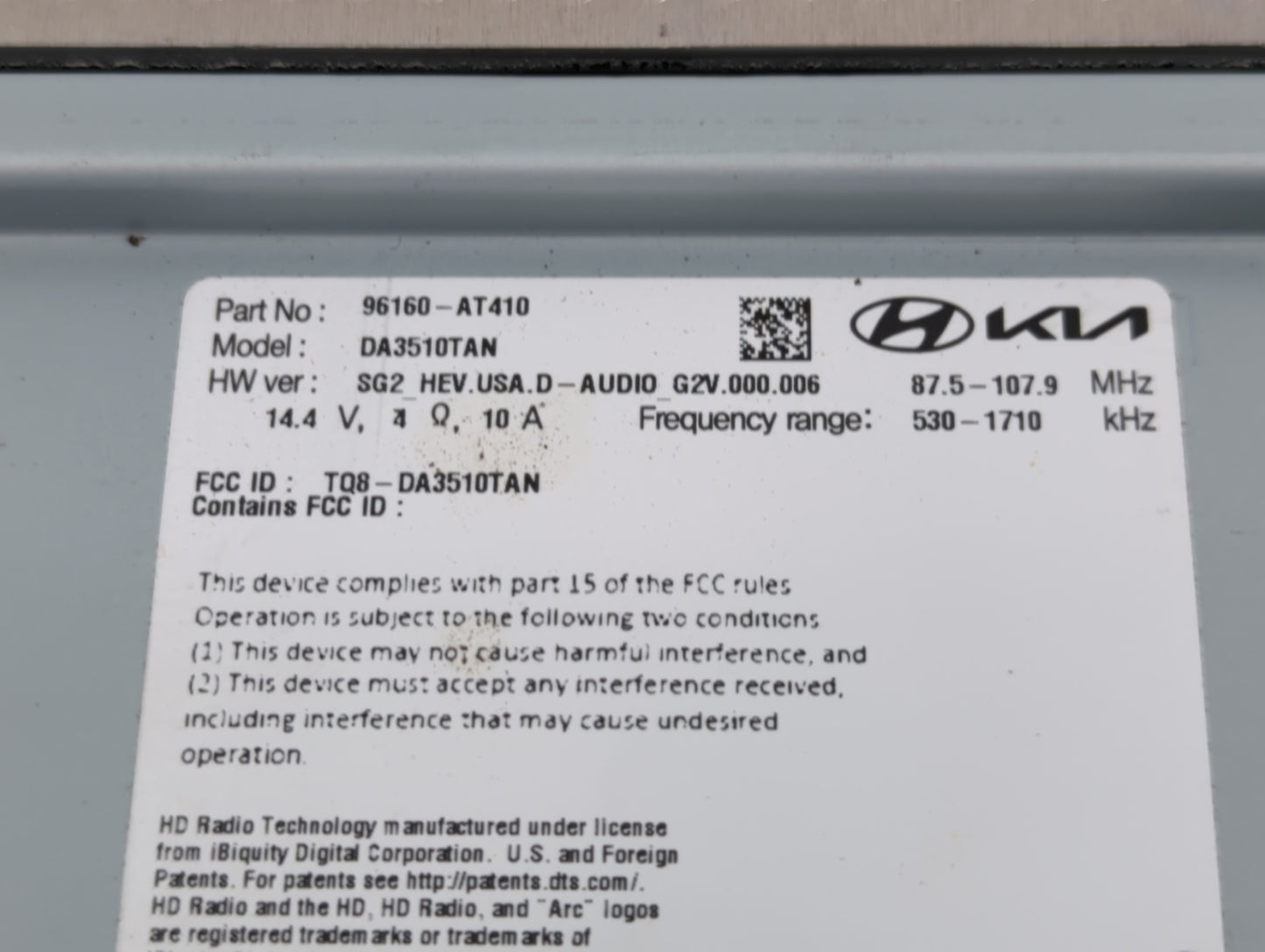 2024 Kia Niro Radio AM FM Cd Player Receiver Replacement P/N:96160-AT410 Fits OEM Used Auto Parts - Oemusedautoparts1.com