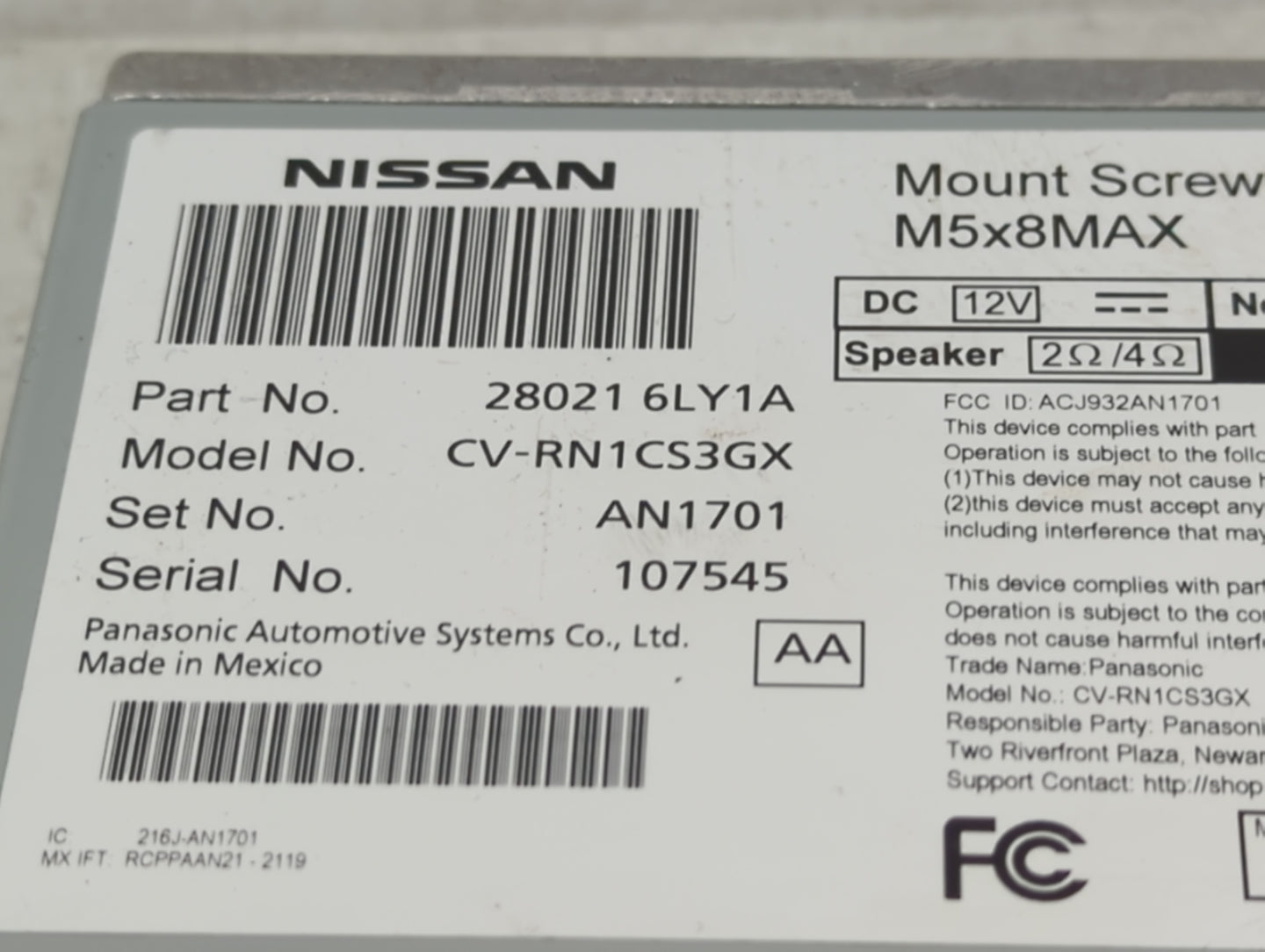 2024 Nissan Sentra Radio AM FM Cd Player Receiver Replacement P/N:28021 6LY1A Fits OEM Used Auto Parts - Oemusedautoparts1.c