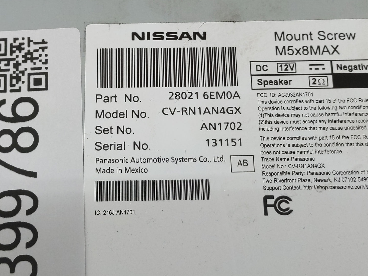 2024 Nissan Versa Radio AM FM Cd Player Receiver Replacement P/N:28021 6EM0A Fits OEM Used Auto Parts - Oemusedautoparts1.co