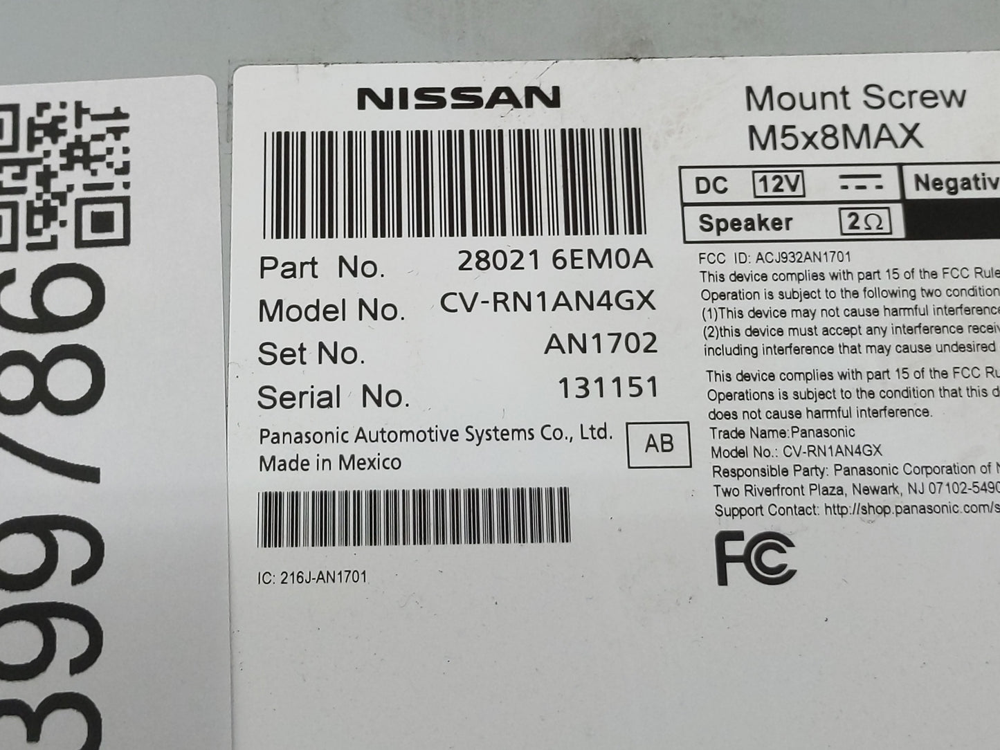 2024 Nissan Versa Radio AM FM Cd Player Receiver Replacement P/N:28021 6EM0A Fits OEM Used Auto Parts - Oemusedautoparts1.co