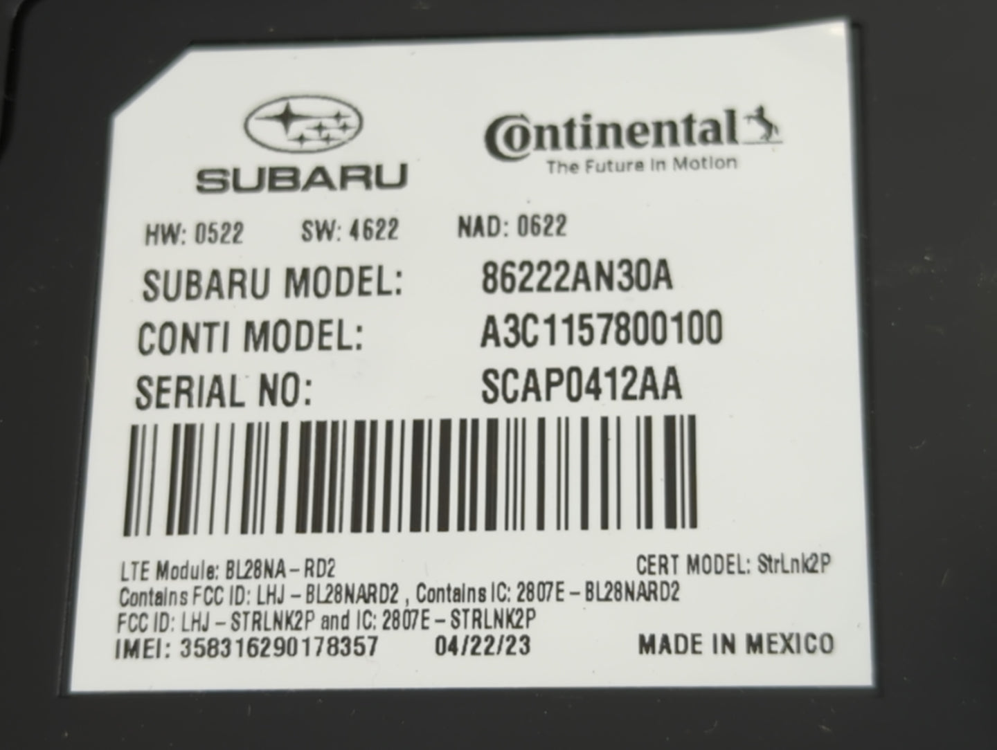 2024 Subaru Legacy Telematics Control Module 86222an30a|a3c1157800100 - Oemusedautoparts1.com
