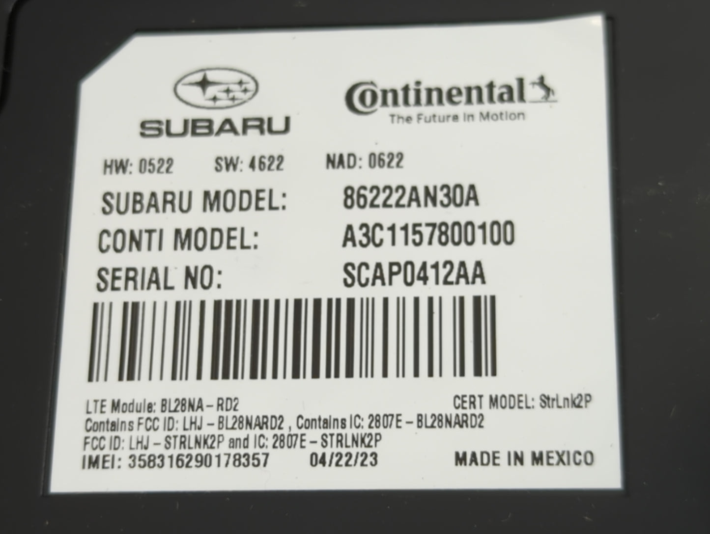 2024 Subaru Legacy Telematics Control Module 86222an30a|a3c1157800100 - Oemusedautoparts1.com