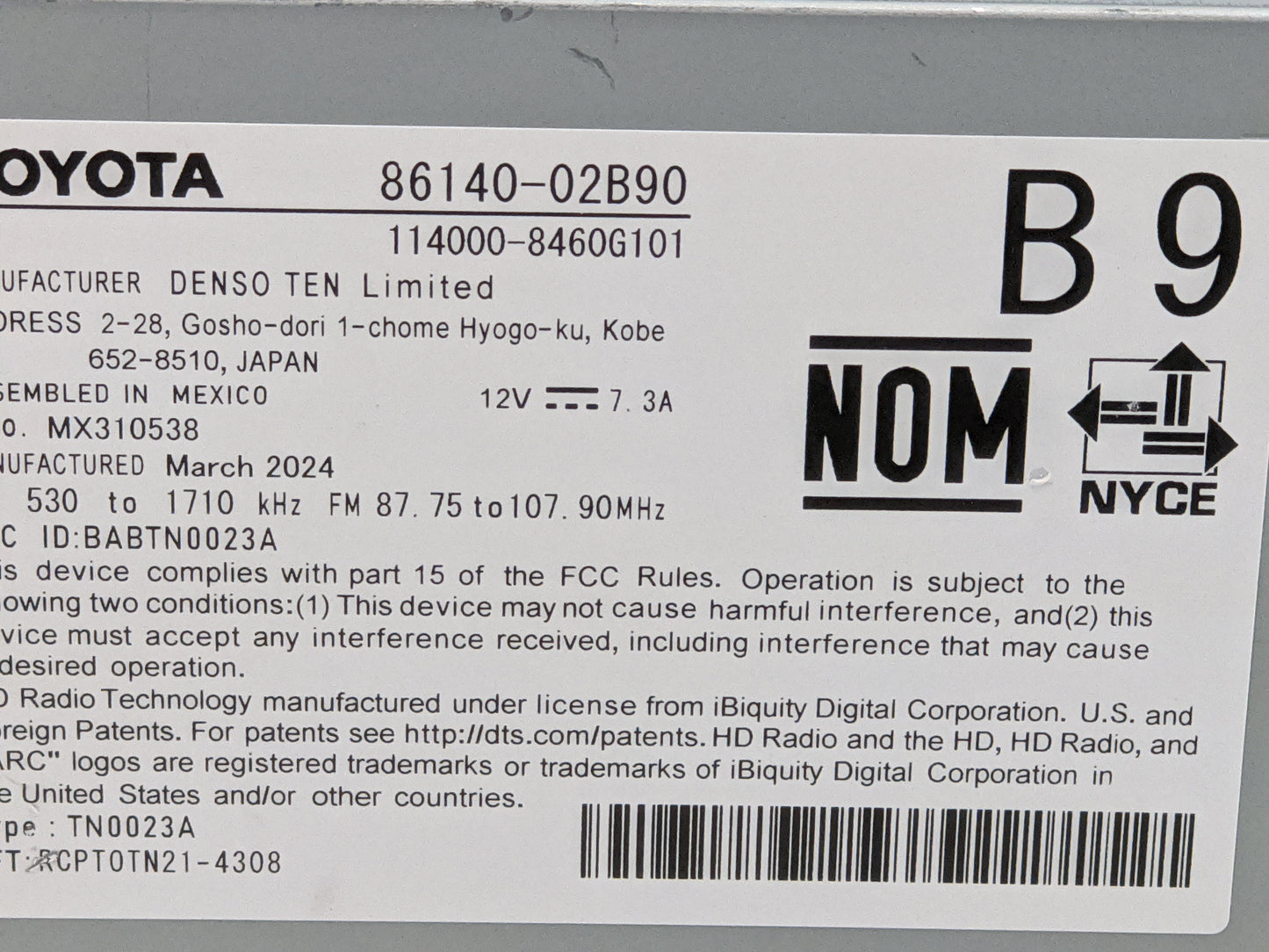 2024 Toyota Corolla Radio AM FM Cd Player Receiver Replacement P/N:86140-02B90 114000-8460G101 Fits OEM Used Auto Parts - Oe