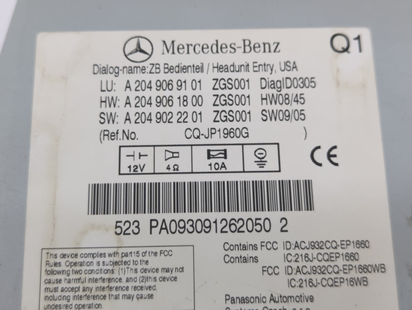 2007 Mercedes-Benz C300 Radio AM FM Cd Player Receiver Replacement P/N:PA093091262050 8623067, 8650702 Fits OEM Used Auto Parts - Oemusedautoparts1.com
